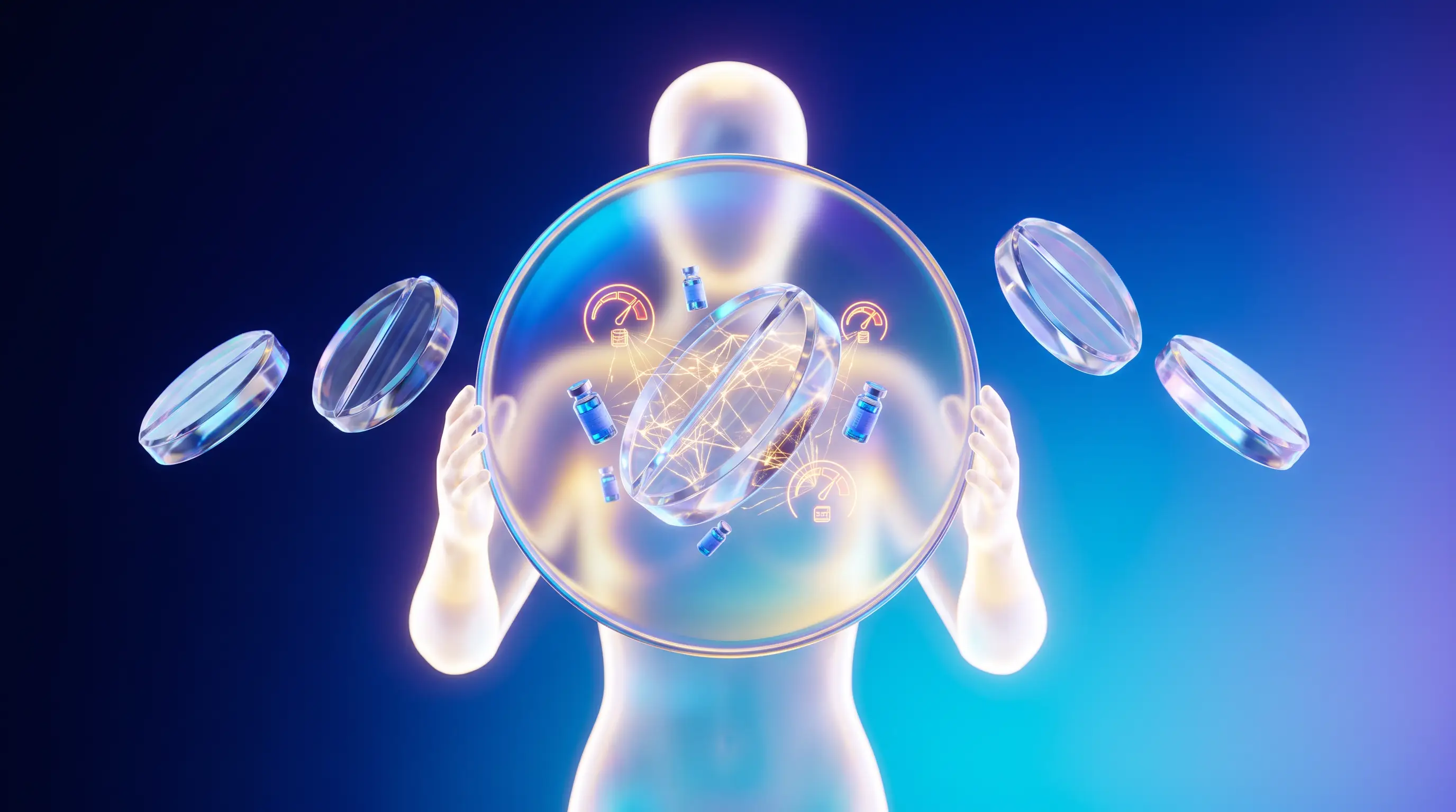 A figure of light examining five crystalline plan tablets through a gradient lens that reveals networks and costs inside — choosing a health plan by what is truly inside