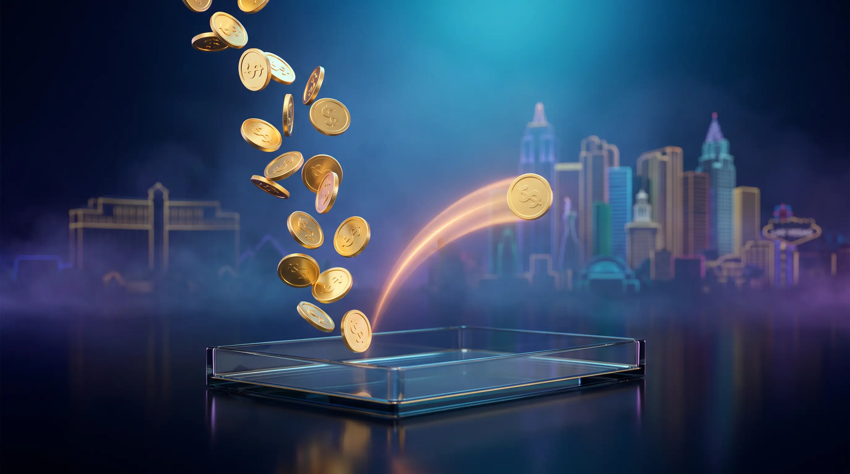Golden coins cascading toward a glass ledger tray with one coin veering off in amber light against a neon Las Vegas skyline — tipped payroll gone wrong