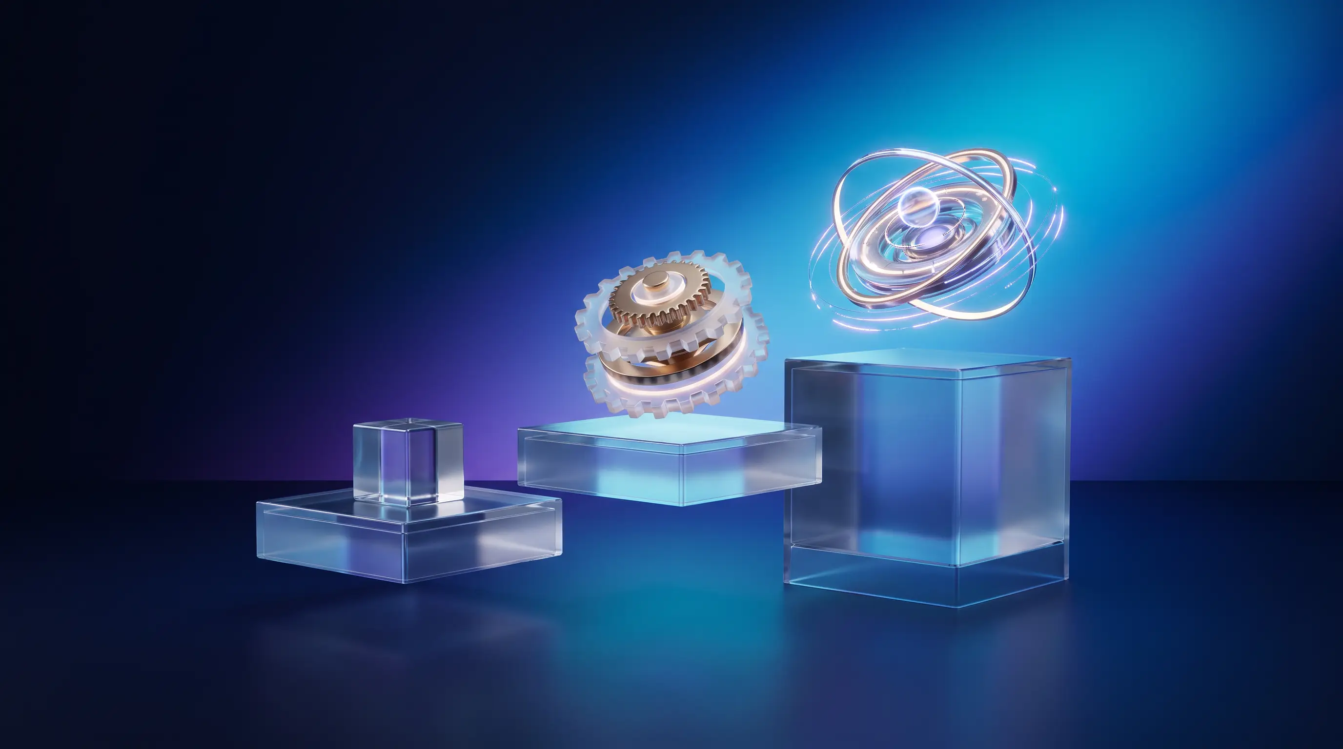 Three glass pedestals of ascending sophistication — a lone cube, interlocking gears, and a luminous orbiting machine — PEO versus payroll service versus DIY