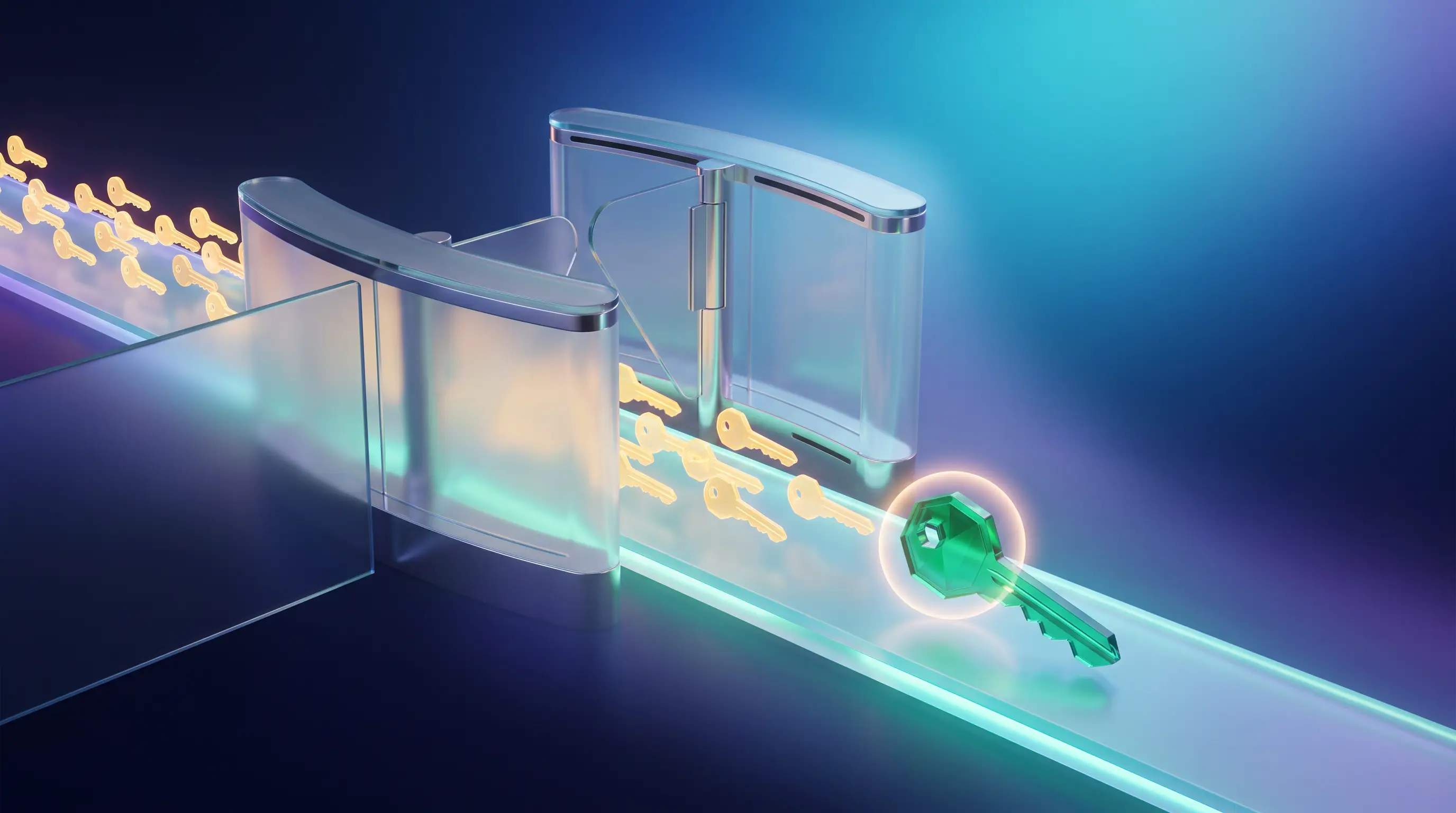 Glass turnstile gate passing golden keys while one large emerald key is redirected to a separate glowing path — S-corp owner eligibility for an ICHRA