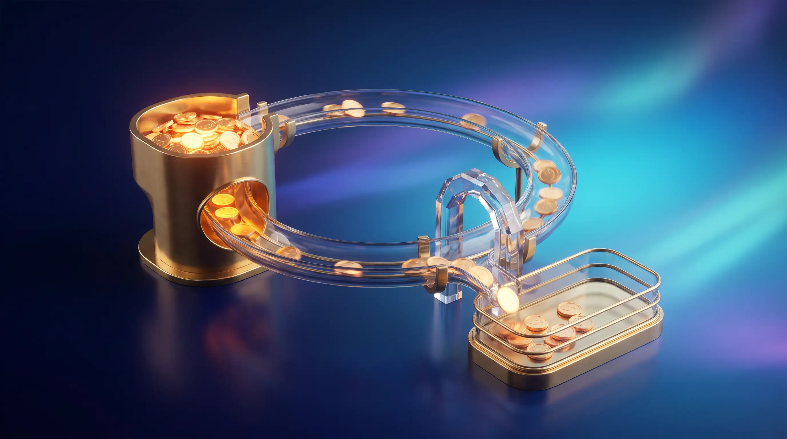 Circular glass and brass machine cycling glowing coins through a crystal checkpoint — how ICHRA reimbursement works
