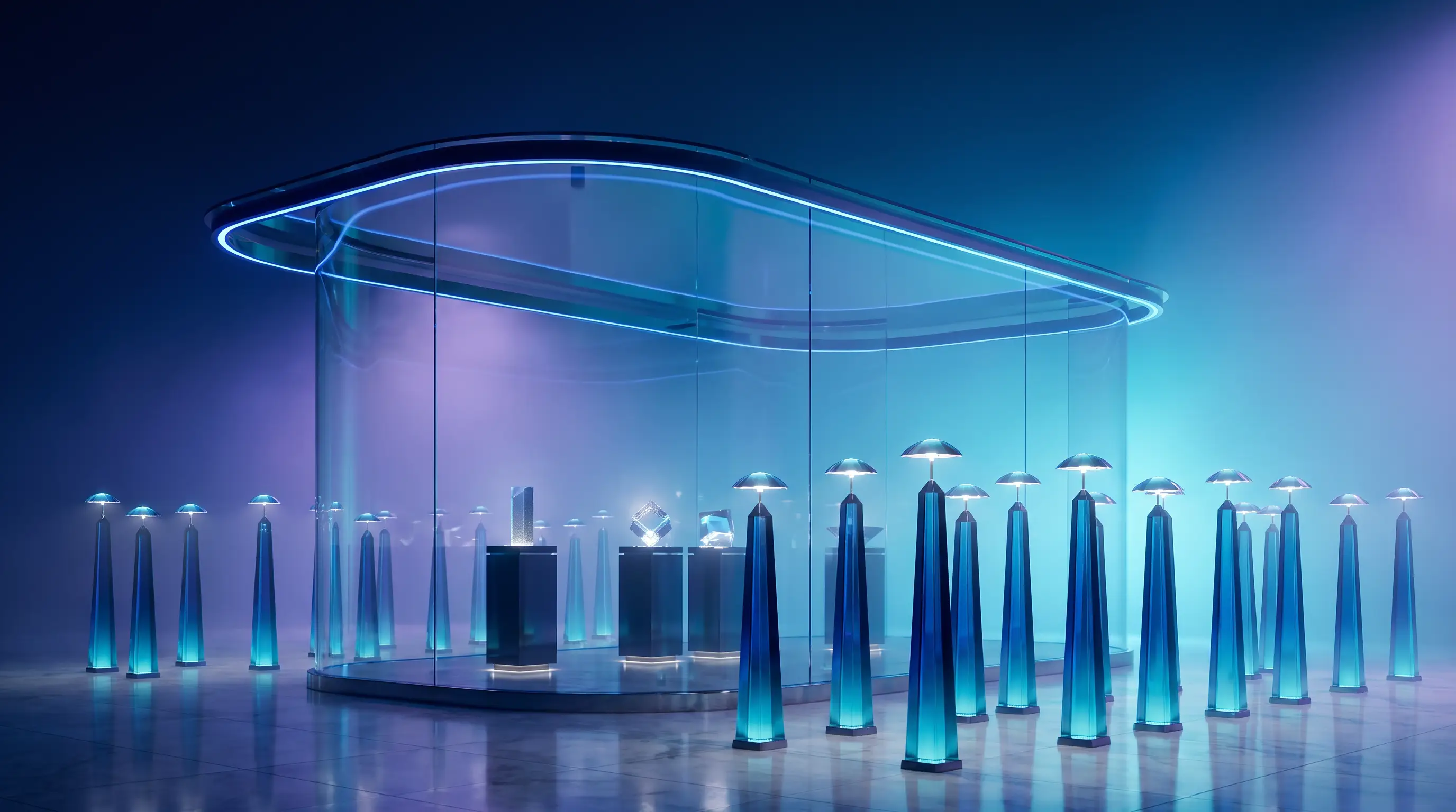 Glass pavilion covering only a few pedestals while glowing obelisks outside carry their own light umbrellas — brokerage health insurance and 1099 agents