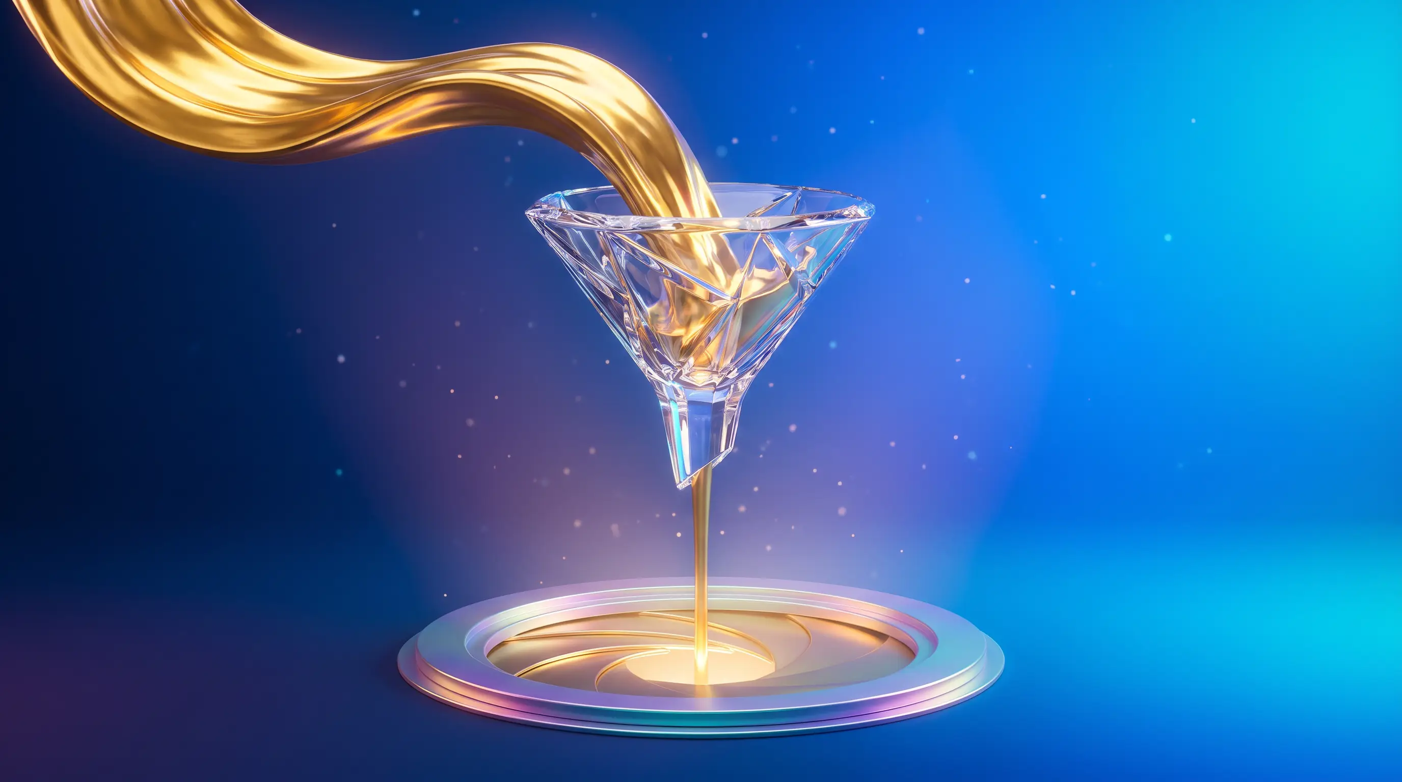 Molten gold refined through a crystal funnel into a thin stream that opens a glowing aperture — commission income qualifying for health insurance subsidies