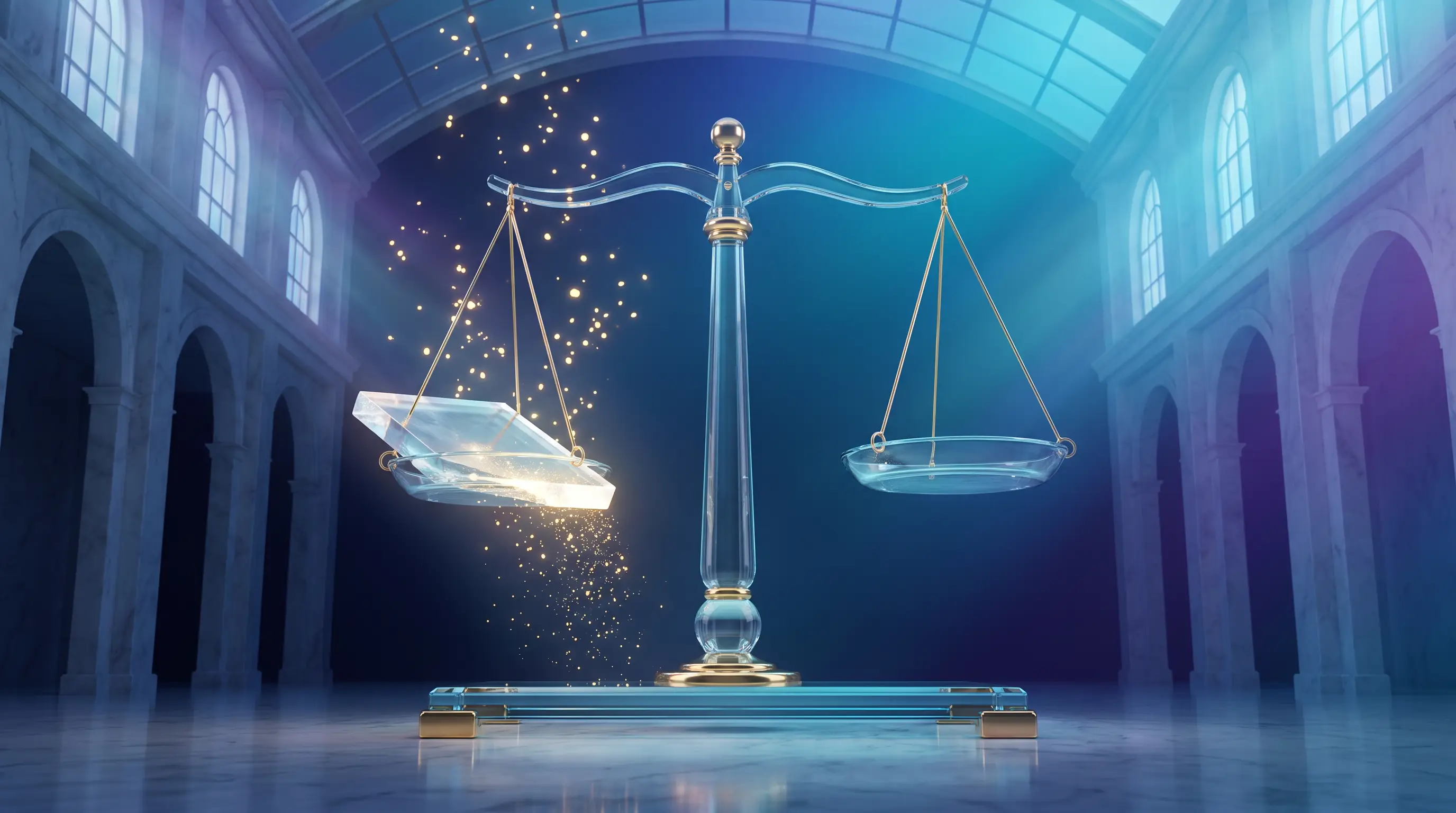 Glass balance scale with a slab shedding luminous layers that float away — deducting health insurance premiums for self-employed Nevadans