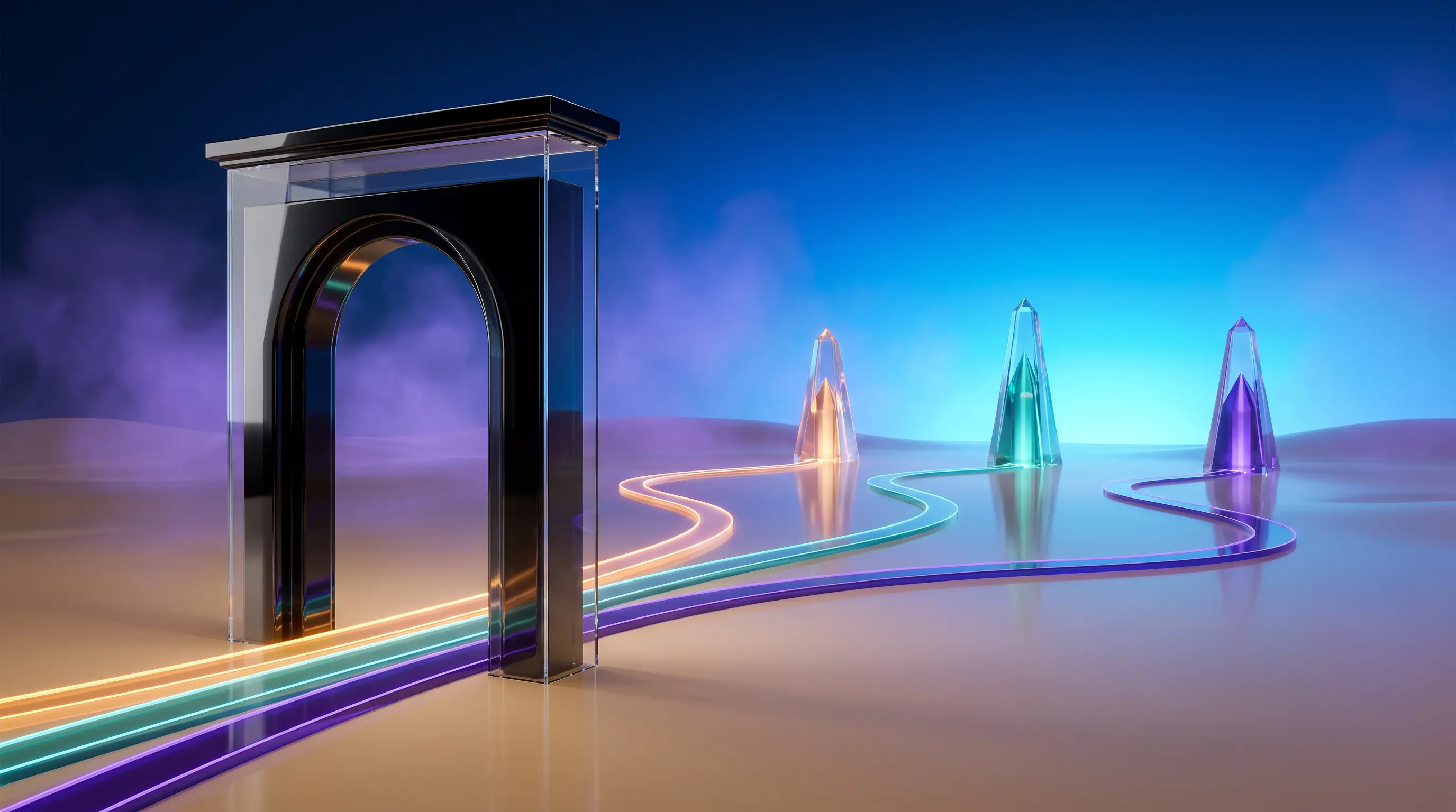 One glass archway branching into three glowing paths toward different crystal structures — how LLC owners get health insurance in Nevada