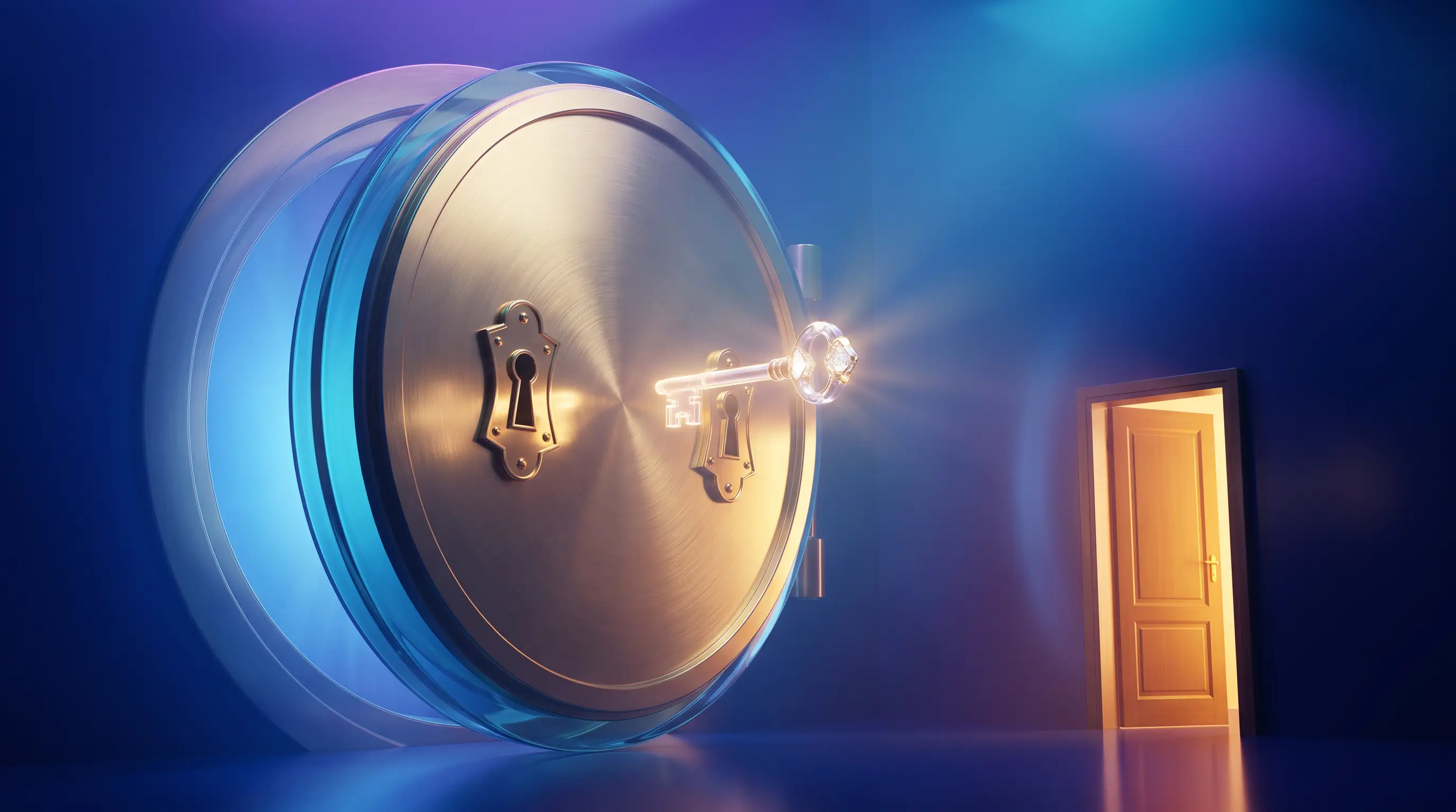 Two-keyhole golden vault door facing a single hovering key beside an open side passage — sole proprietors and group health insurance