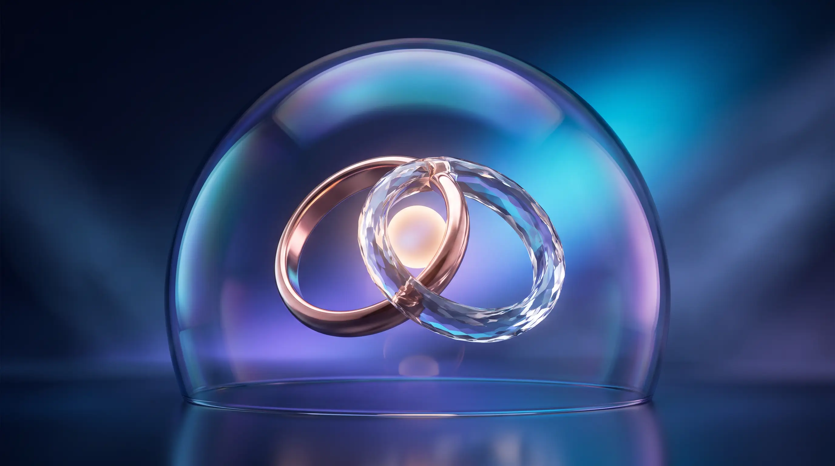Interlinked crystal and rose-gold rings glowing under a shared glass dome — adding a spouse to a self-employed health plan