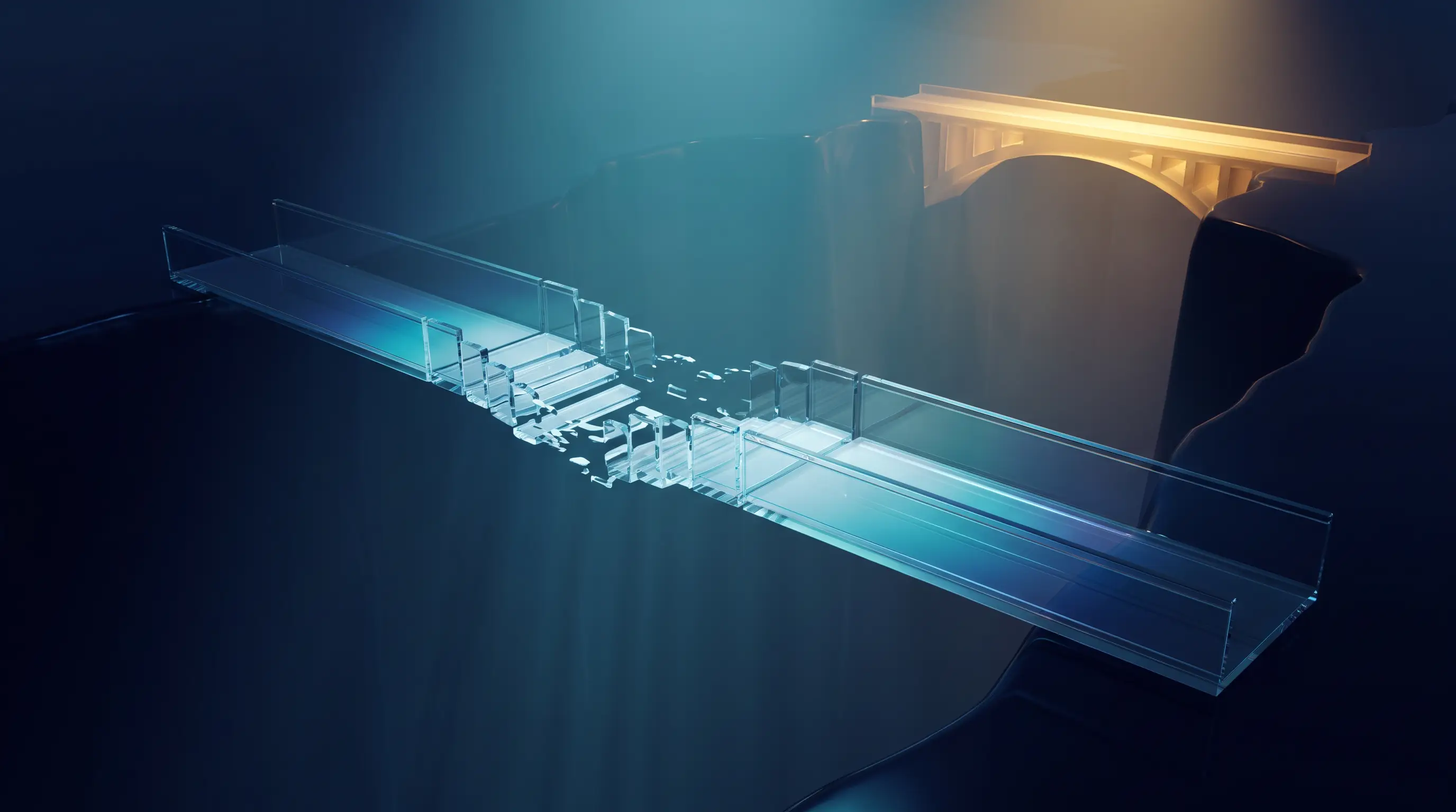 Fragile translucent glass footbridge with fading gaps beside a solid golden bridge — short-term health insurance as a freelancer bridge product