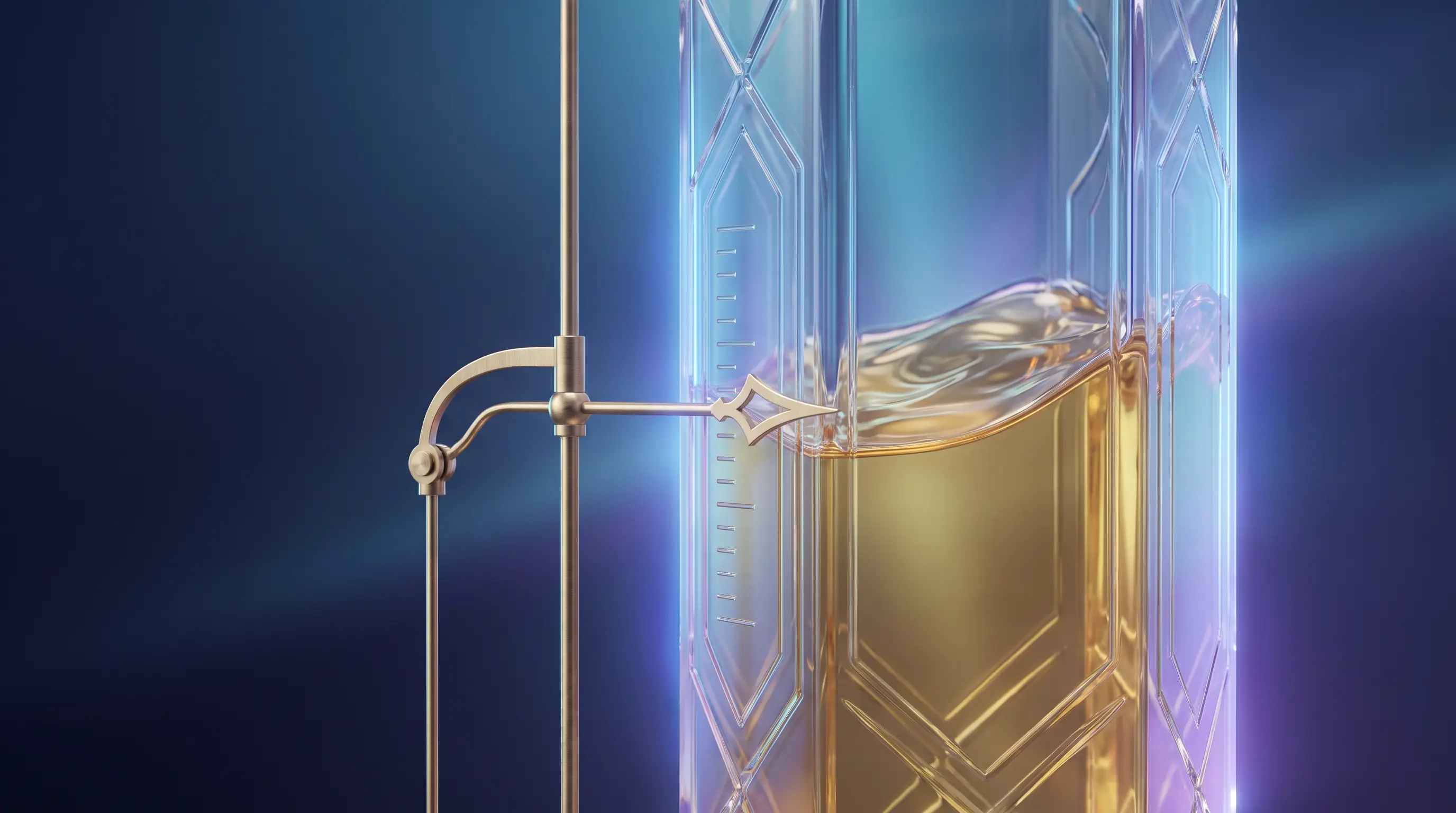 Crystal gauge of wave-like liquid gold with an adjustable brass marker on its scale — estimating freelance income for health subsidies