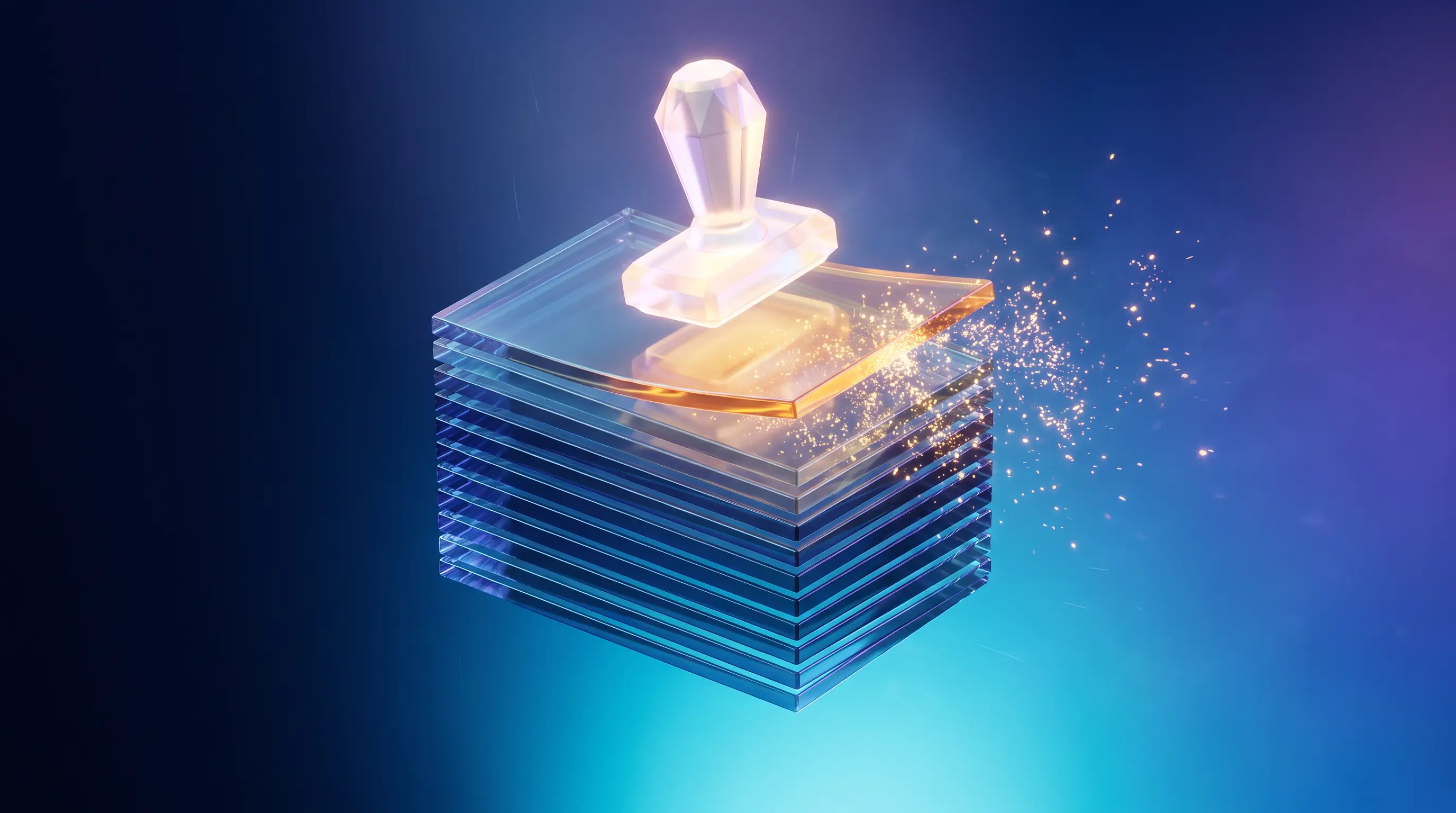 Crystal stamp lifting a glowing layer from a stack of glass ledger plates — freelancers writing off health insurance premiums
