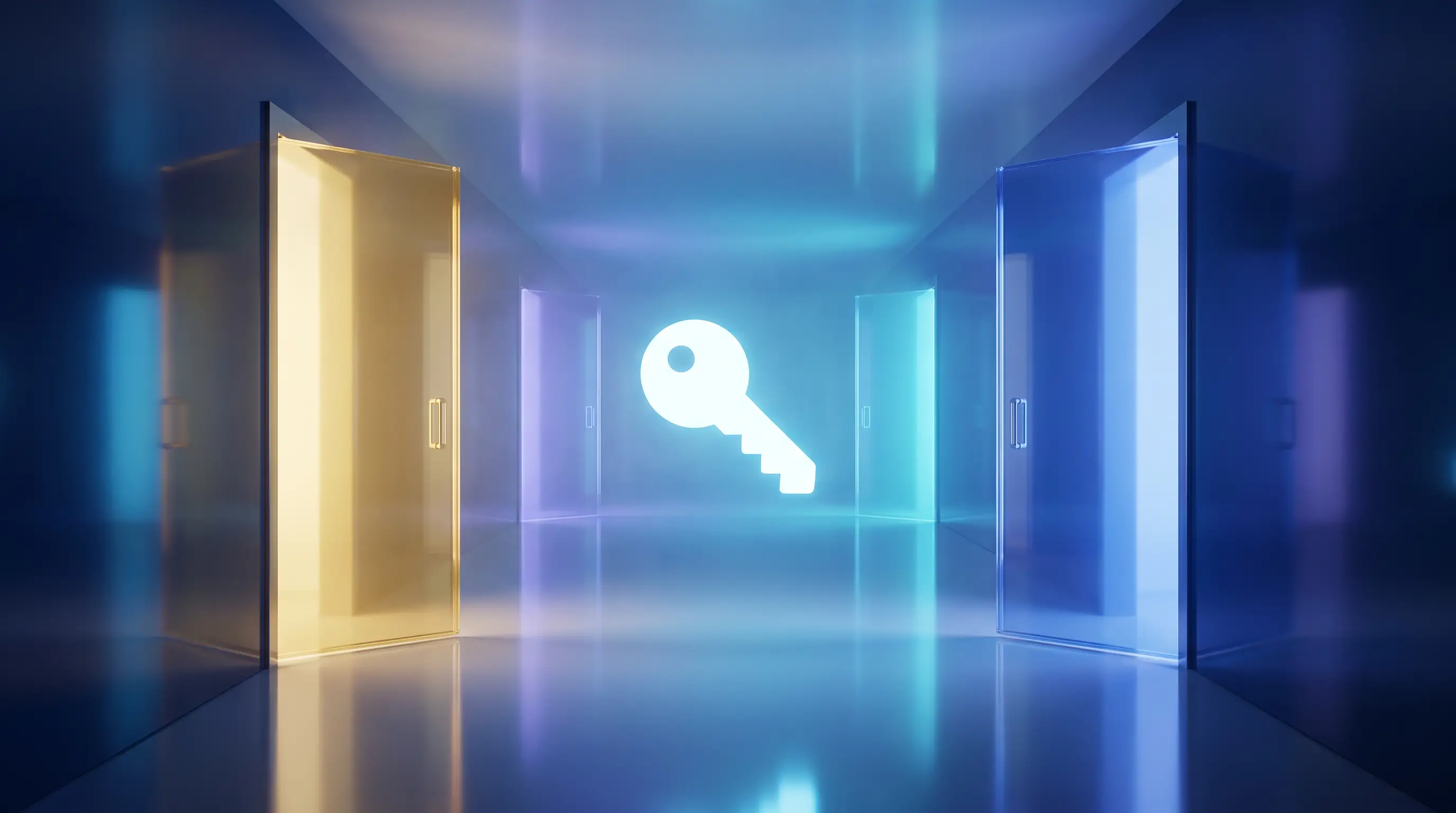 Key of light hovering between an open gold door and an open sapphire door — an employee's choice to decline an ICHRA