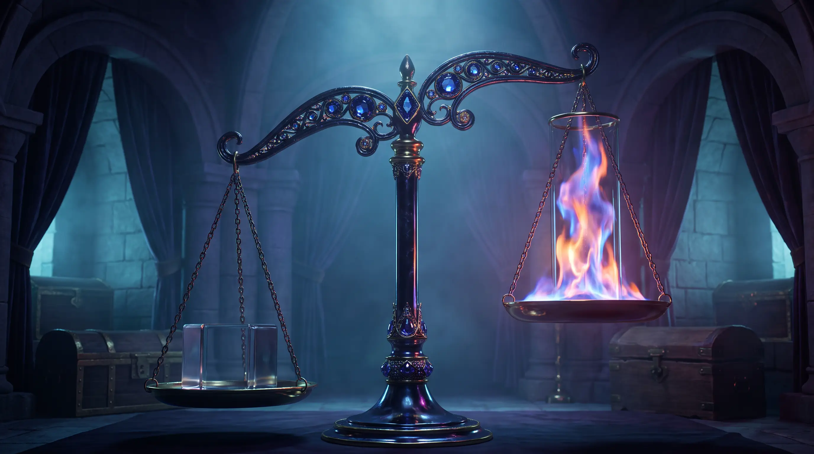 Scales balancing a fixed glass cube against a fluctuating column of flame — ICHRA cost versus group health insurance