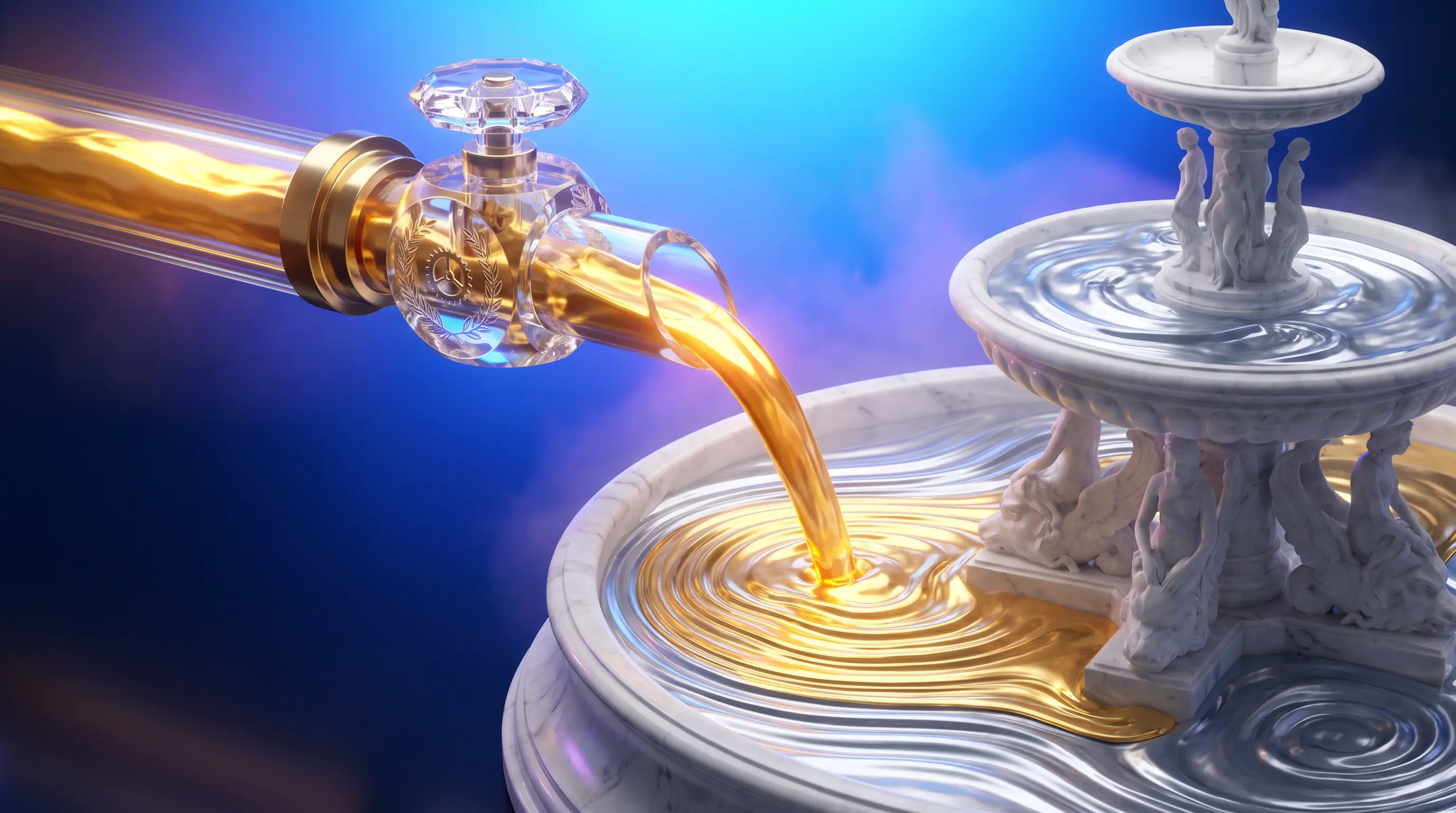 Golden stream passing an engraved crystal valve into a classical silver fountain — ICHRA reimbursement of Medicare premiums