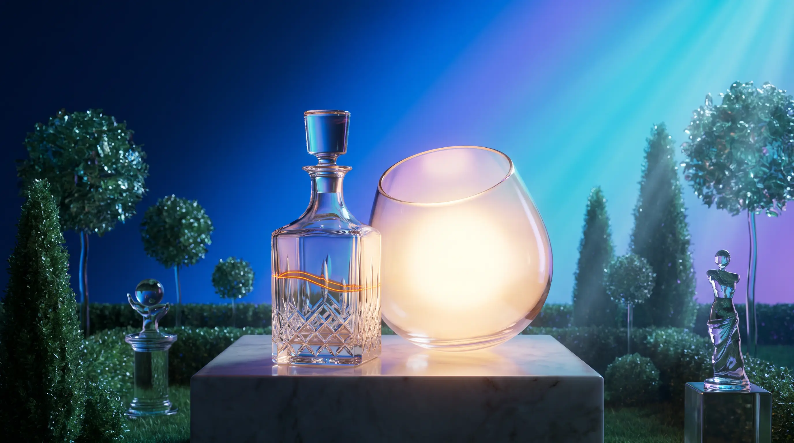 Capped crystal decanter with an etched fill line beside a larger open vessel of light — QSEHRA contribution caps compared with ICHRA