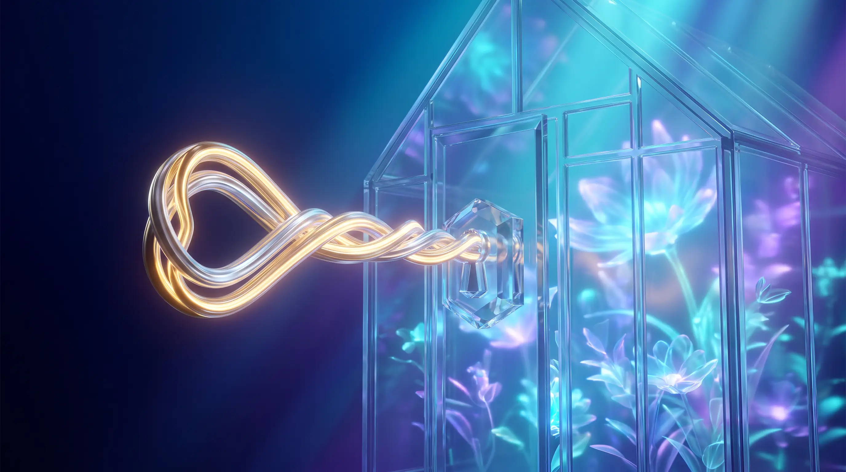 Gold and silver light ribbons braided into one key unlocking a glowing glass conservatory — hiring a spouse to unlock health benefits