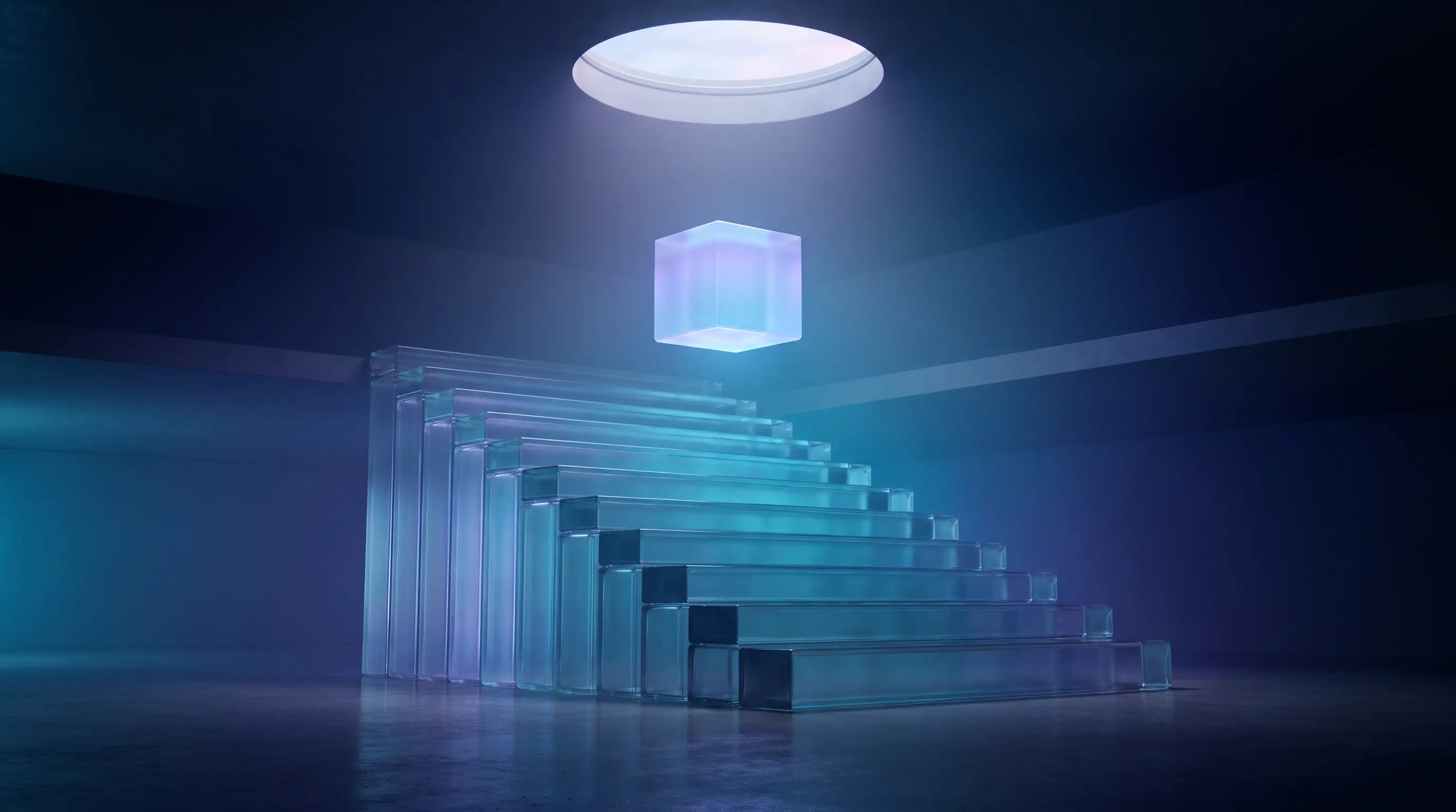 Glass block lifting free from a descending staircase and rising toward a skylight — the self-employed health insurance tax deduction
