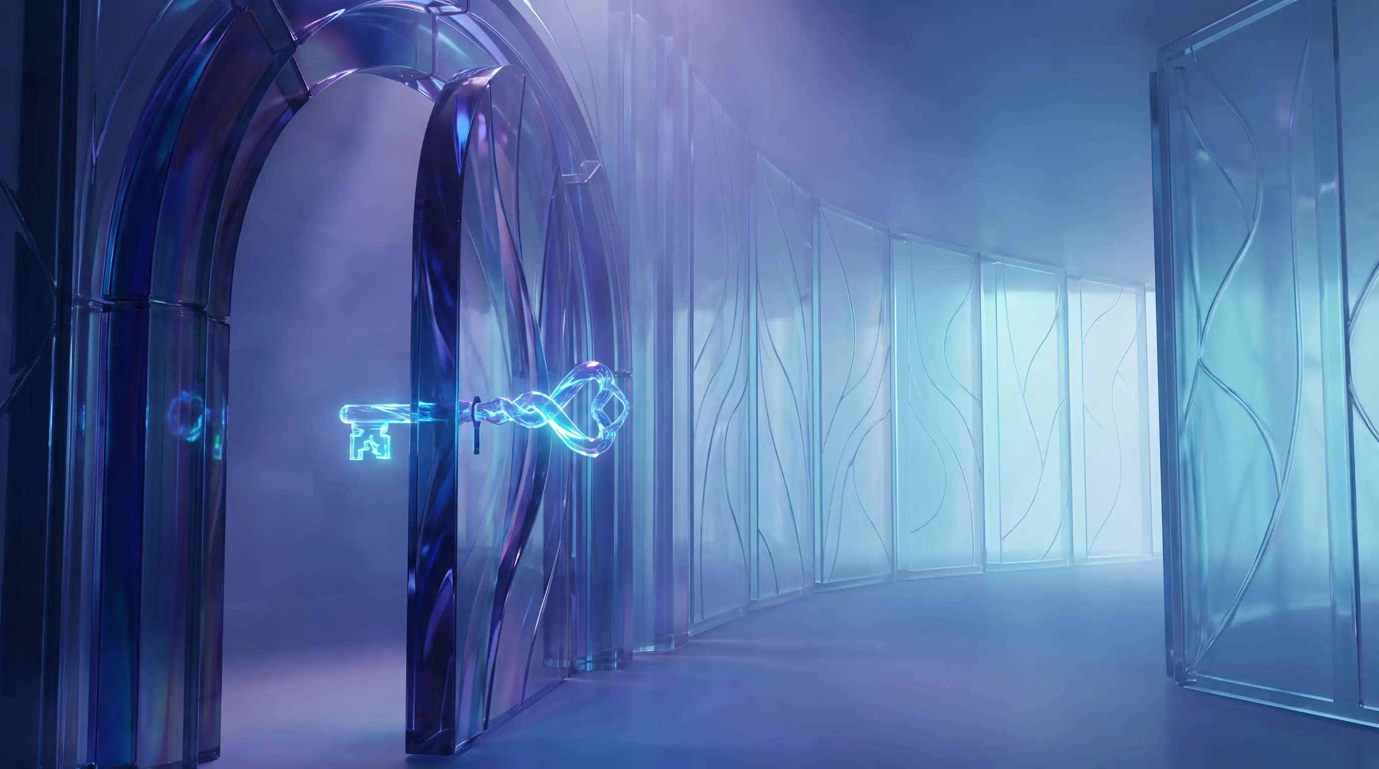 A glowing glass key opening a translucent doorway to a lit corridor — the one-employee threshold for group health insurance eligibility