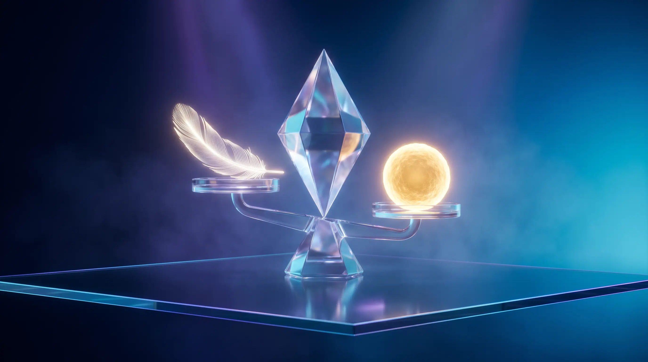 A glass scale weighing a feather of light against a heavy orb at a glowing boundary line — the 50-employee line for the health insurance mandate