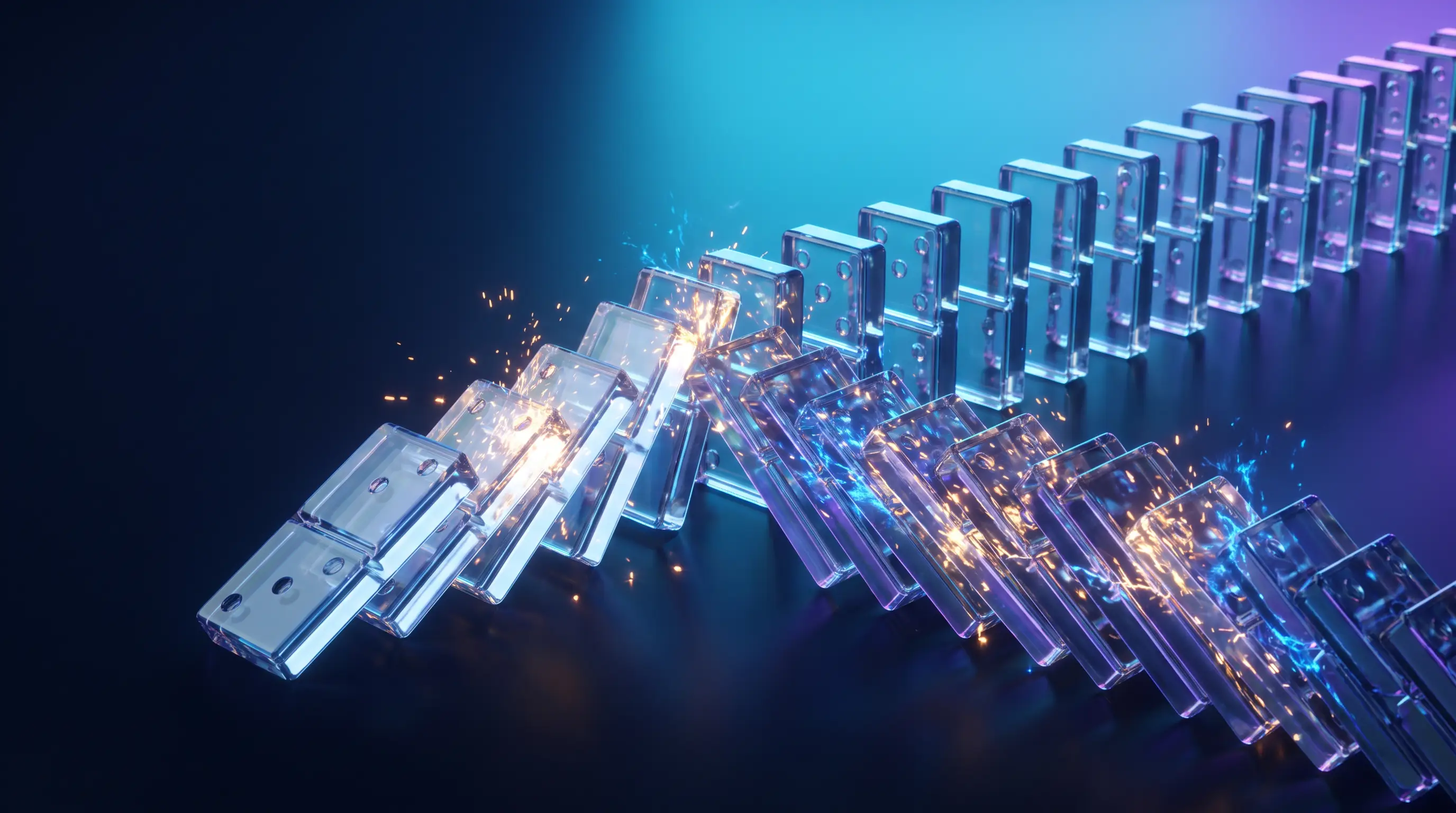 One toppled glass domino triggering a multiplying mirrored cascade of glowing tiles — how a single HR mistake compounds in cost