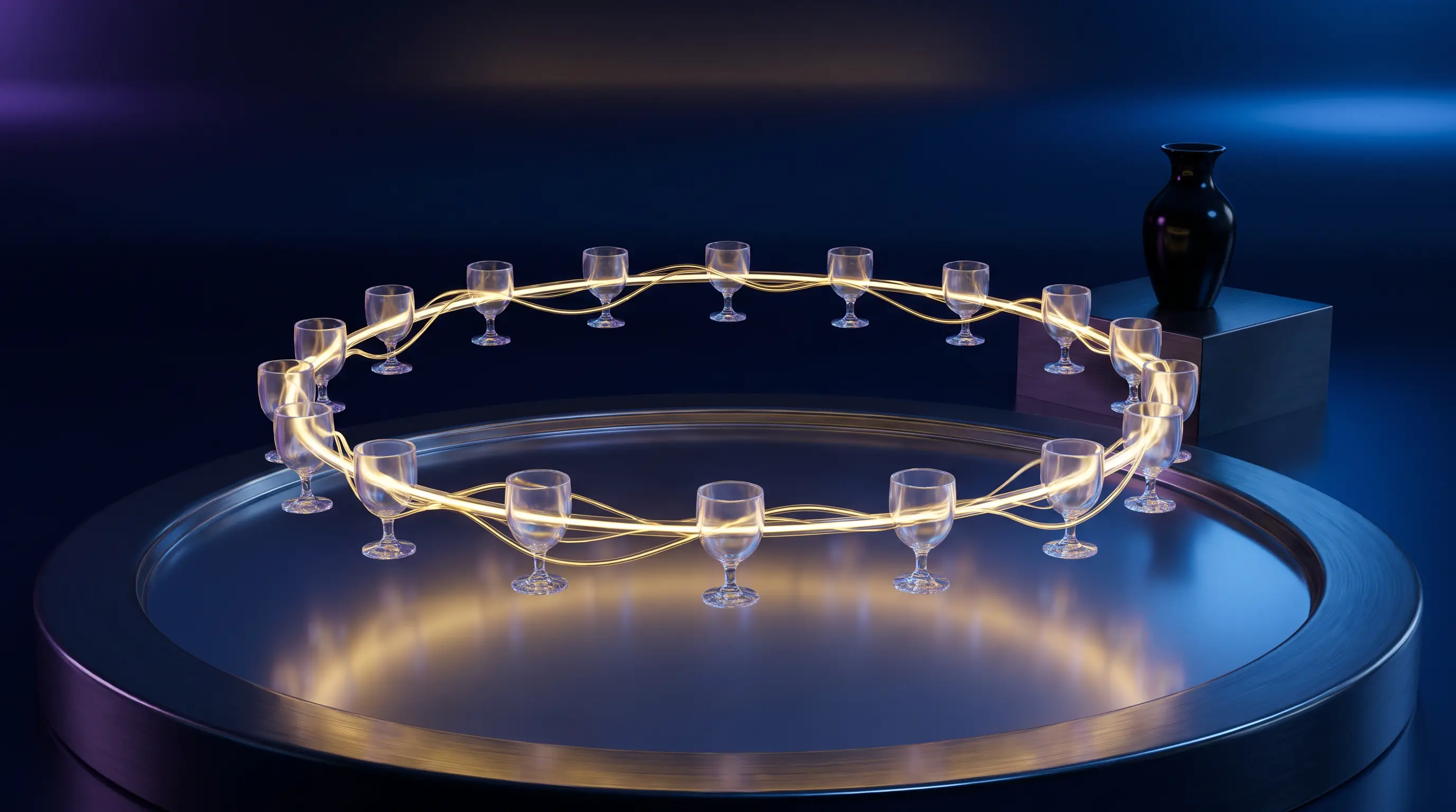 A ring of glass chalices sharing golden light with one tall dark vessel excluded outside the circle — who can legally share a tip pool