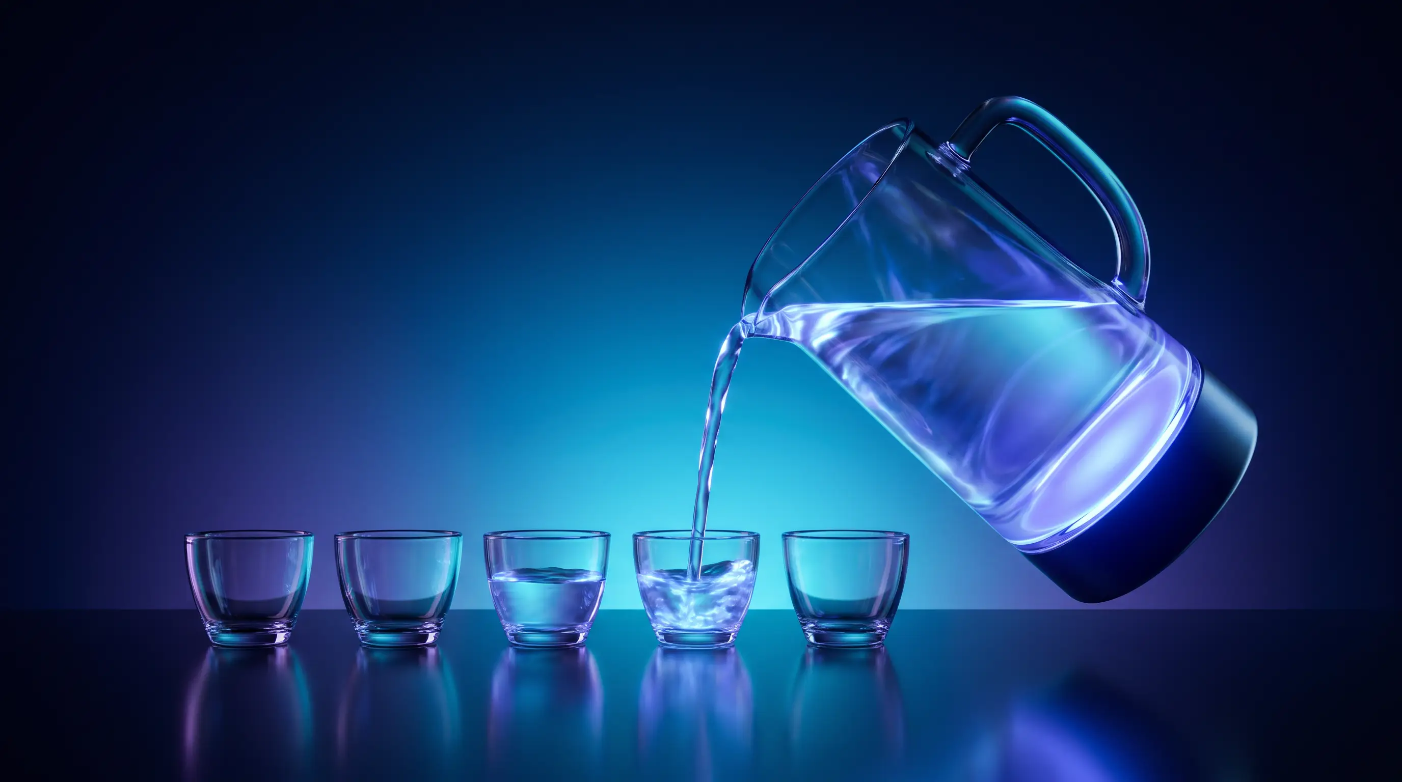 A calibrated glass pitcher pouring equal measures of light into a row of cups — setting a fixed per-employee benefits budget