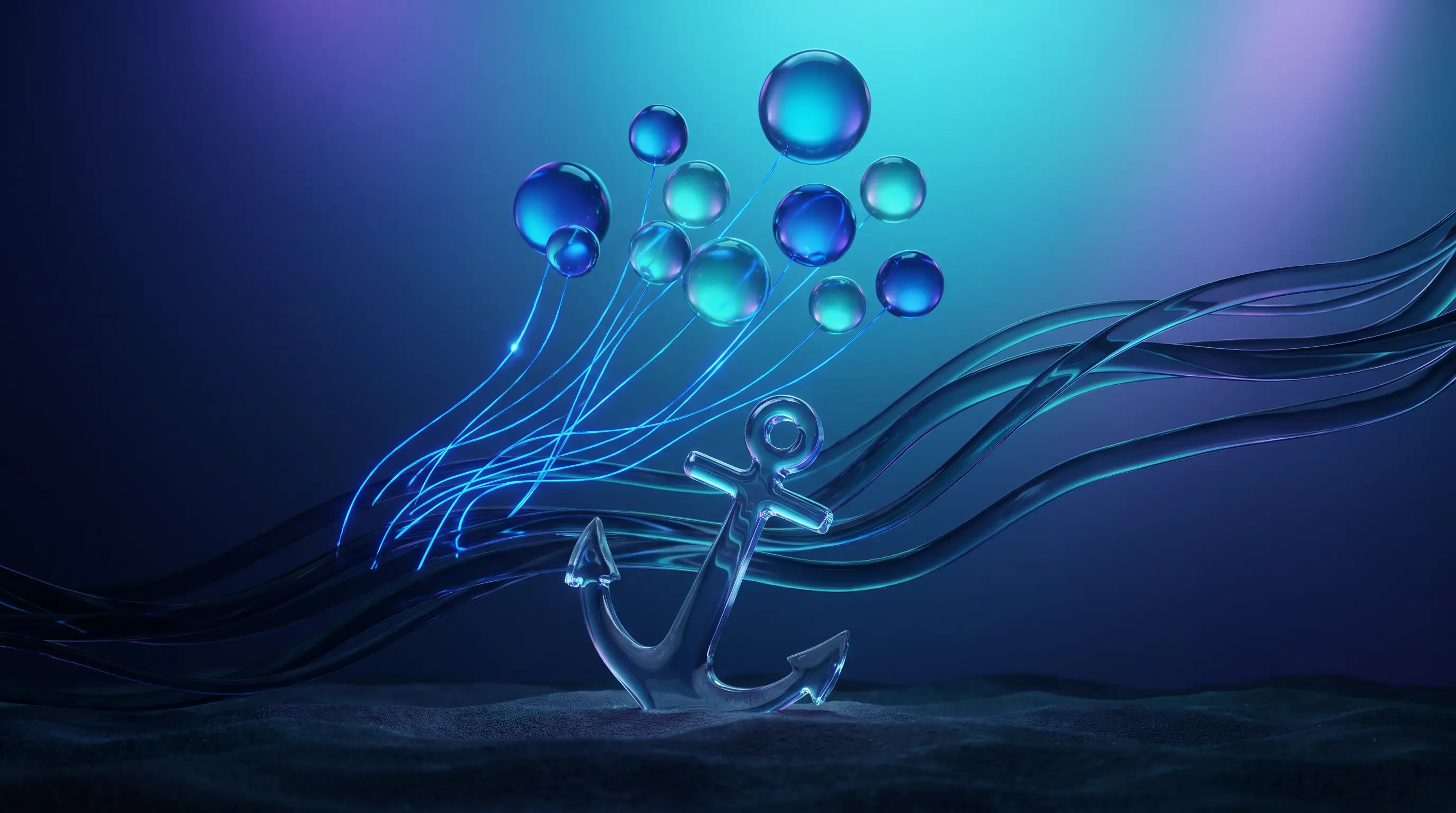 A glass anchor tethering glowing orbs against a strong current — how employee benefits hold teams and reduce turnover