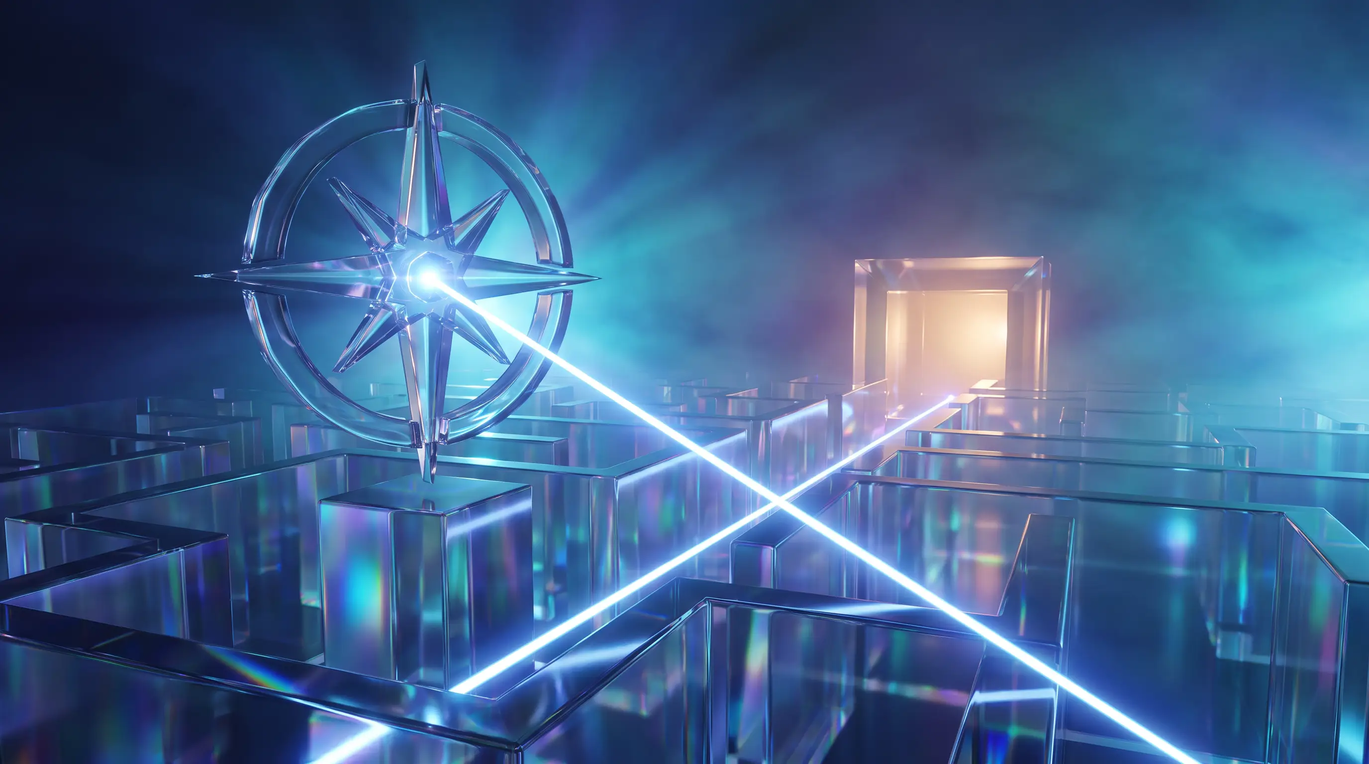 A glass compass beaming a clear path through a prism labyrinth — the guidance a benefits broker provides at no added plan cost