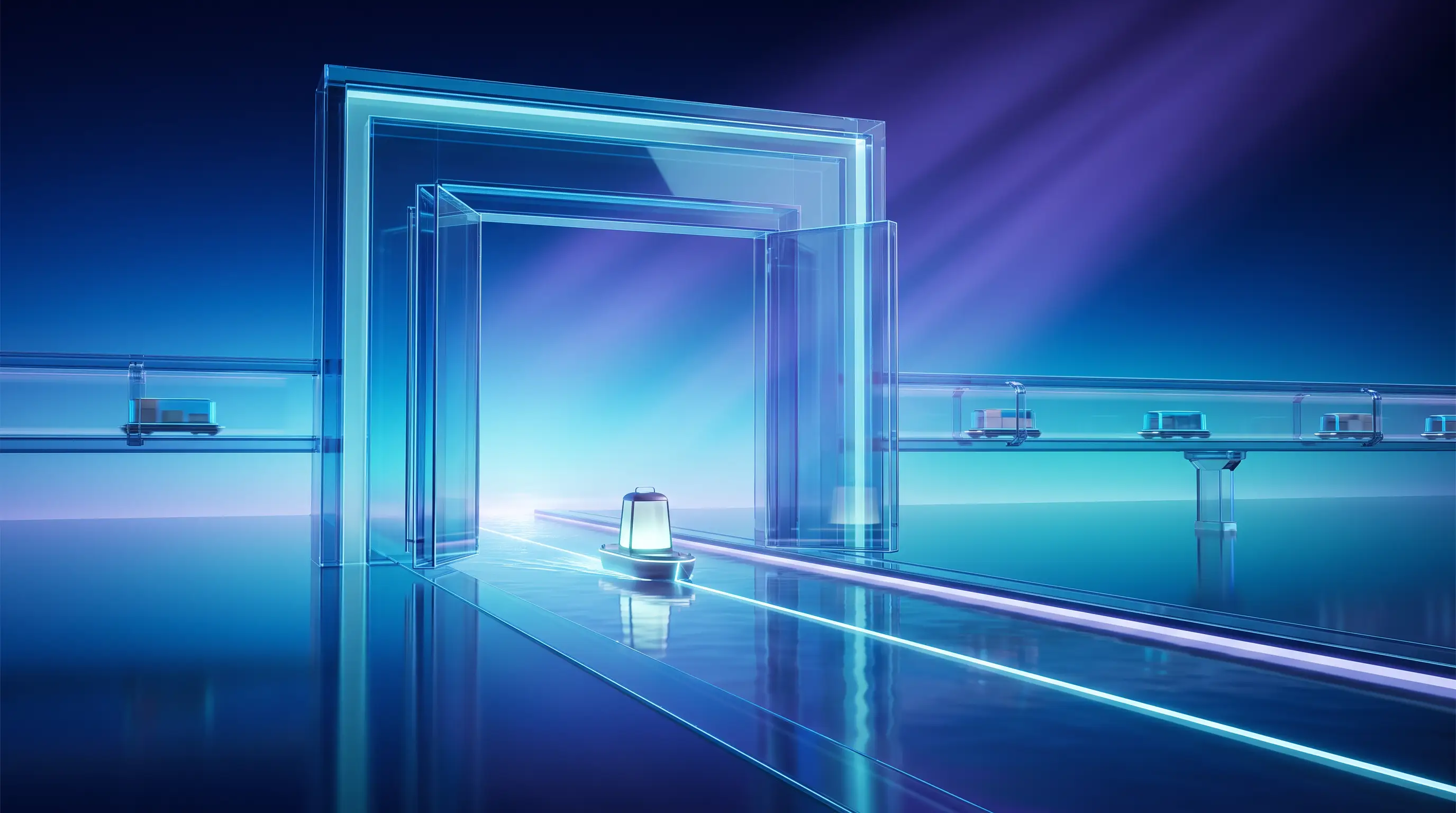 An open glass gate at a glowing year-line with a lit vessel sailing through as cargo transfers behind — leaving a PEO with a planned transition