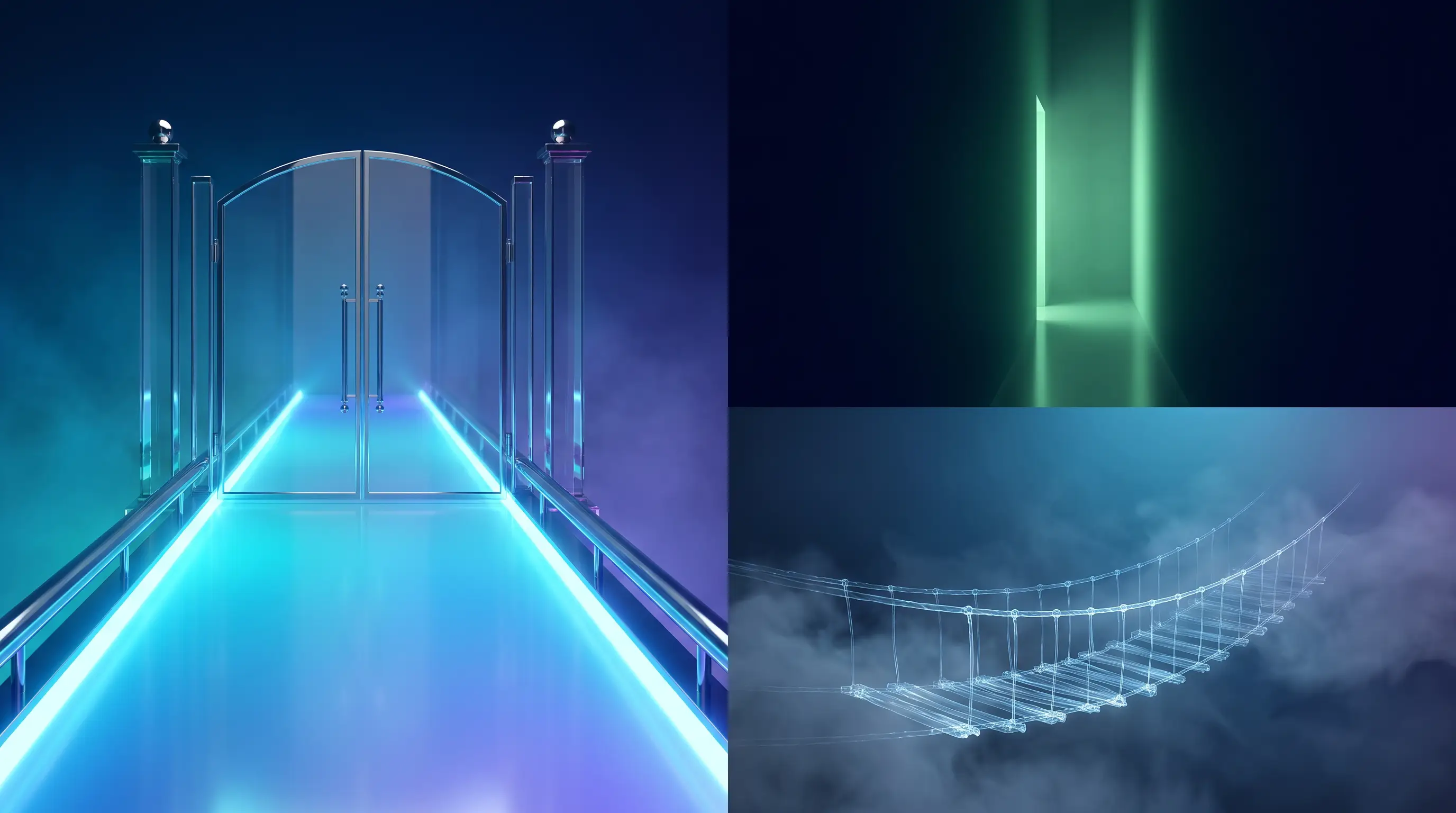 Closed glass gate with one narrow lit side passage and a dissolving rope bridge below — buying health insurance outside open enrollment