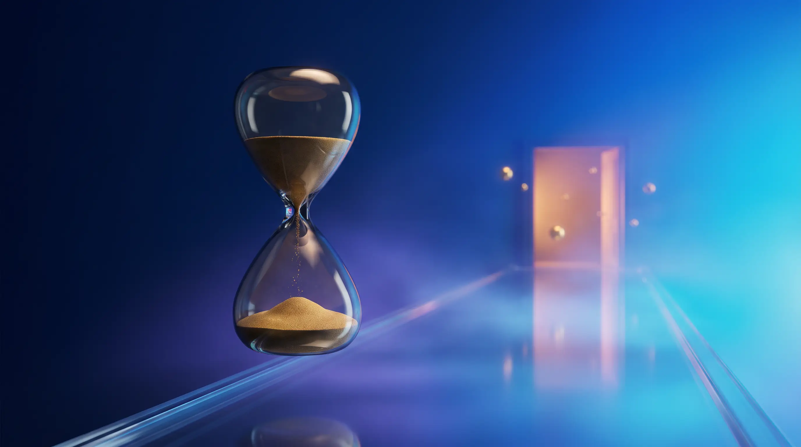 Spent hourglass before a long corridor leading to a distant lit doorway — consequences of missing Nevada open enrollment