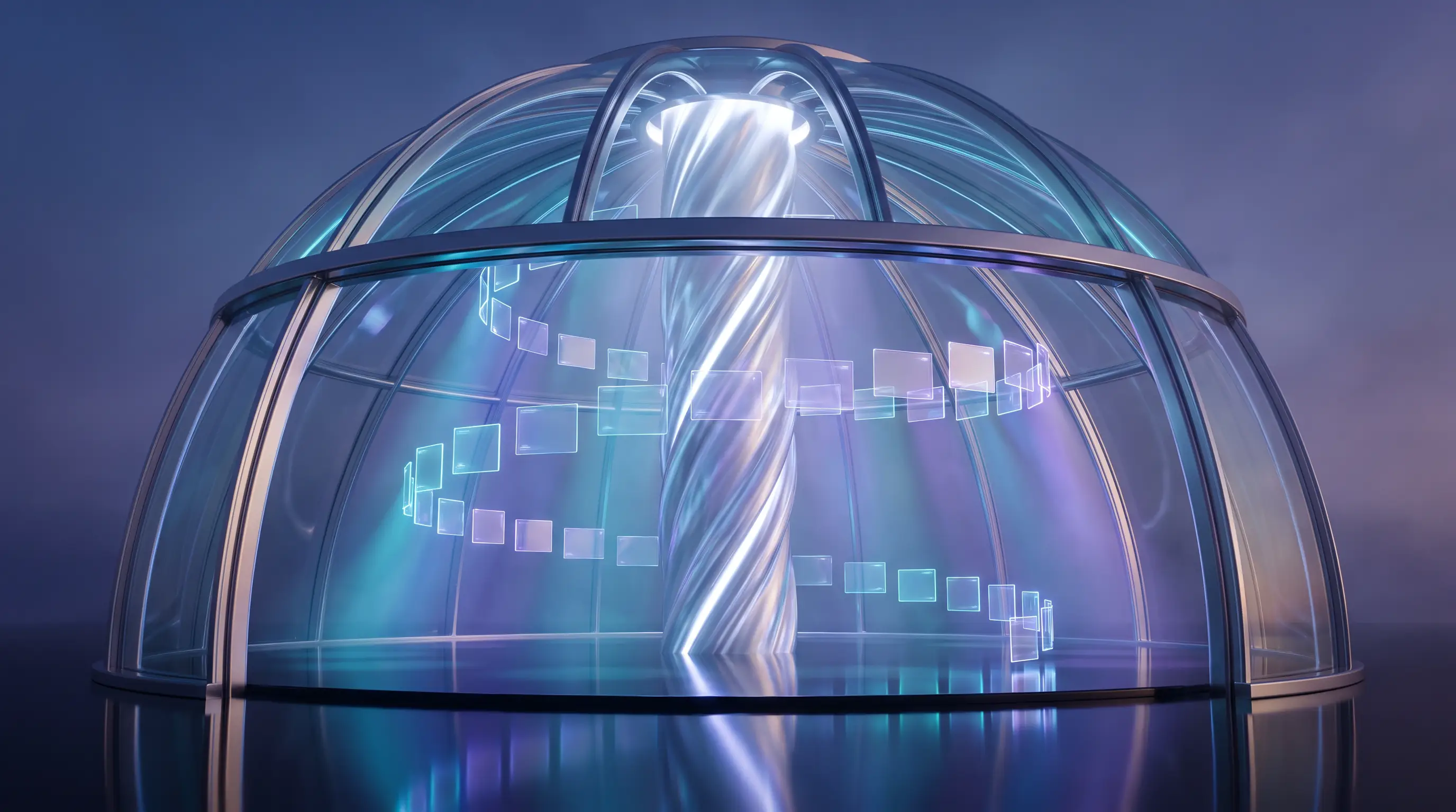Glowing glass pavilion with orbiting luminous plan cards around a silver column — Nevada Health Link state marketplace