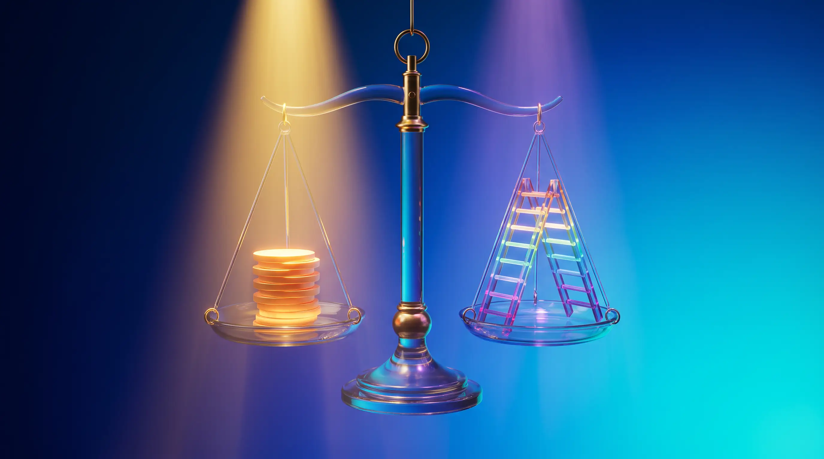Glass balance scale weighing luminous coins against a prism ladder of thresholds — who qualifies for Nevada health insurance subsidies