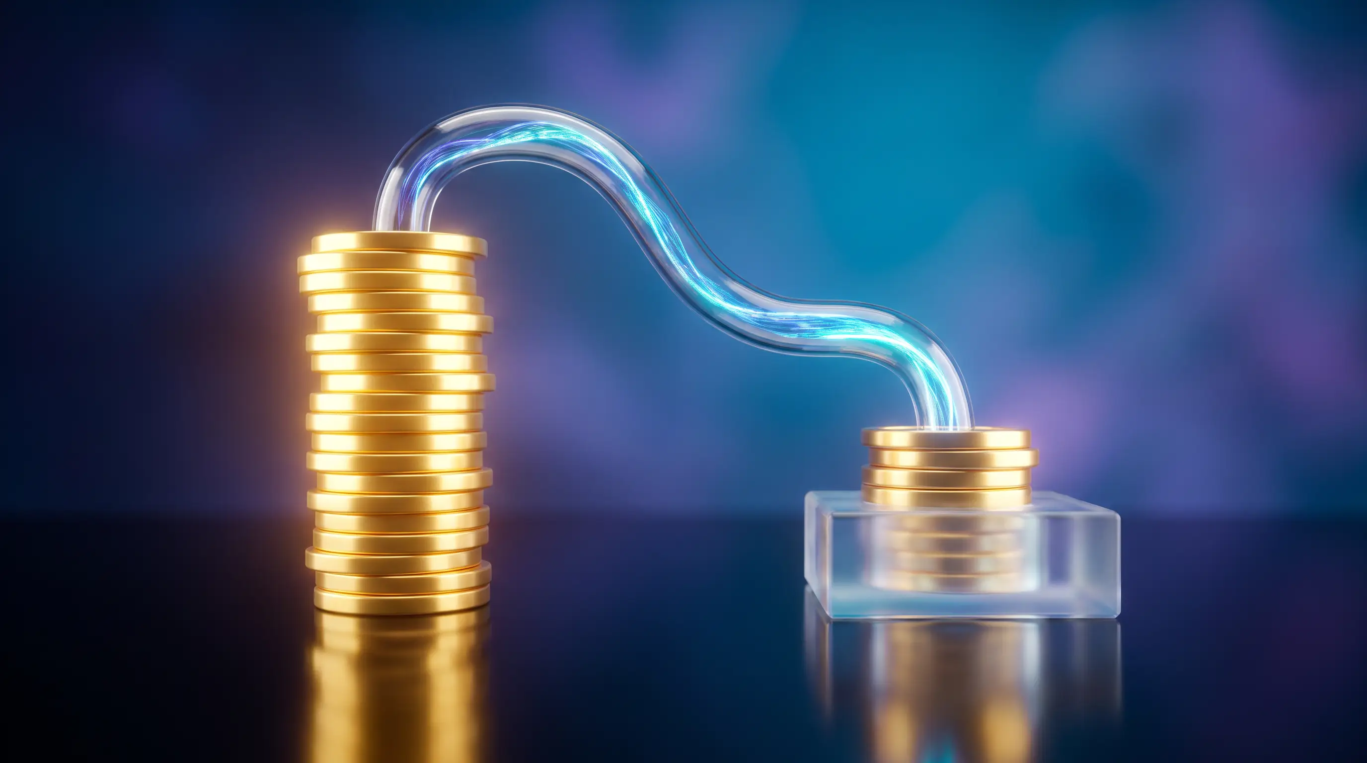 Glass siphon drawing a stream of golden coins from one stack back to a crystal ledger — paying back advance ACA subsidies at reconciliation