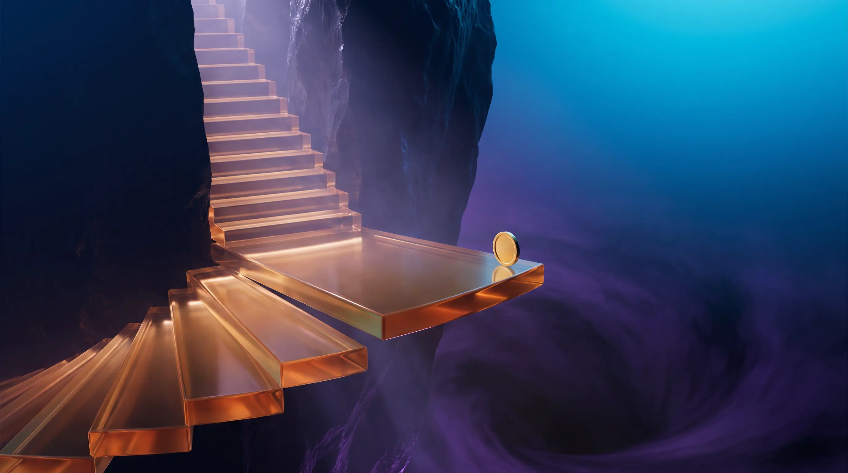 Amber glass staircase ending abruptly at a sheer dark cliff with a coin on the edge — the ACA subsidy cliff concept