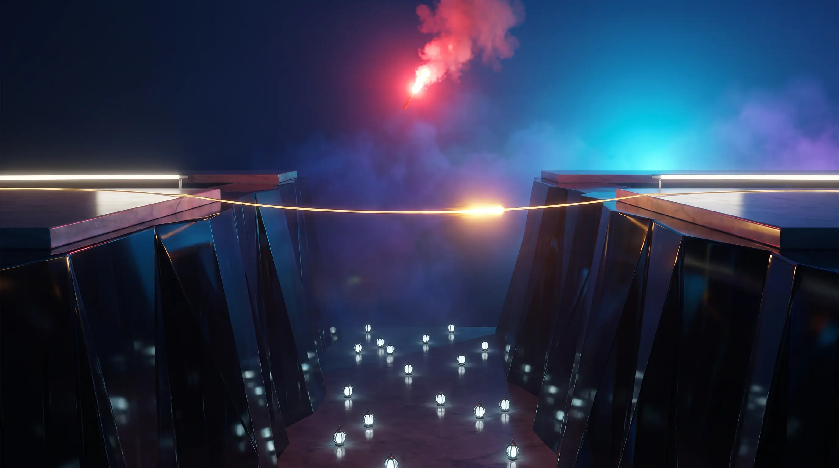 Golden pulse crossing a glass canyon only when a flare bursts overhead — GAP insurance paying toward the deductible on triggered events