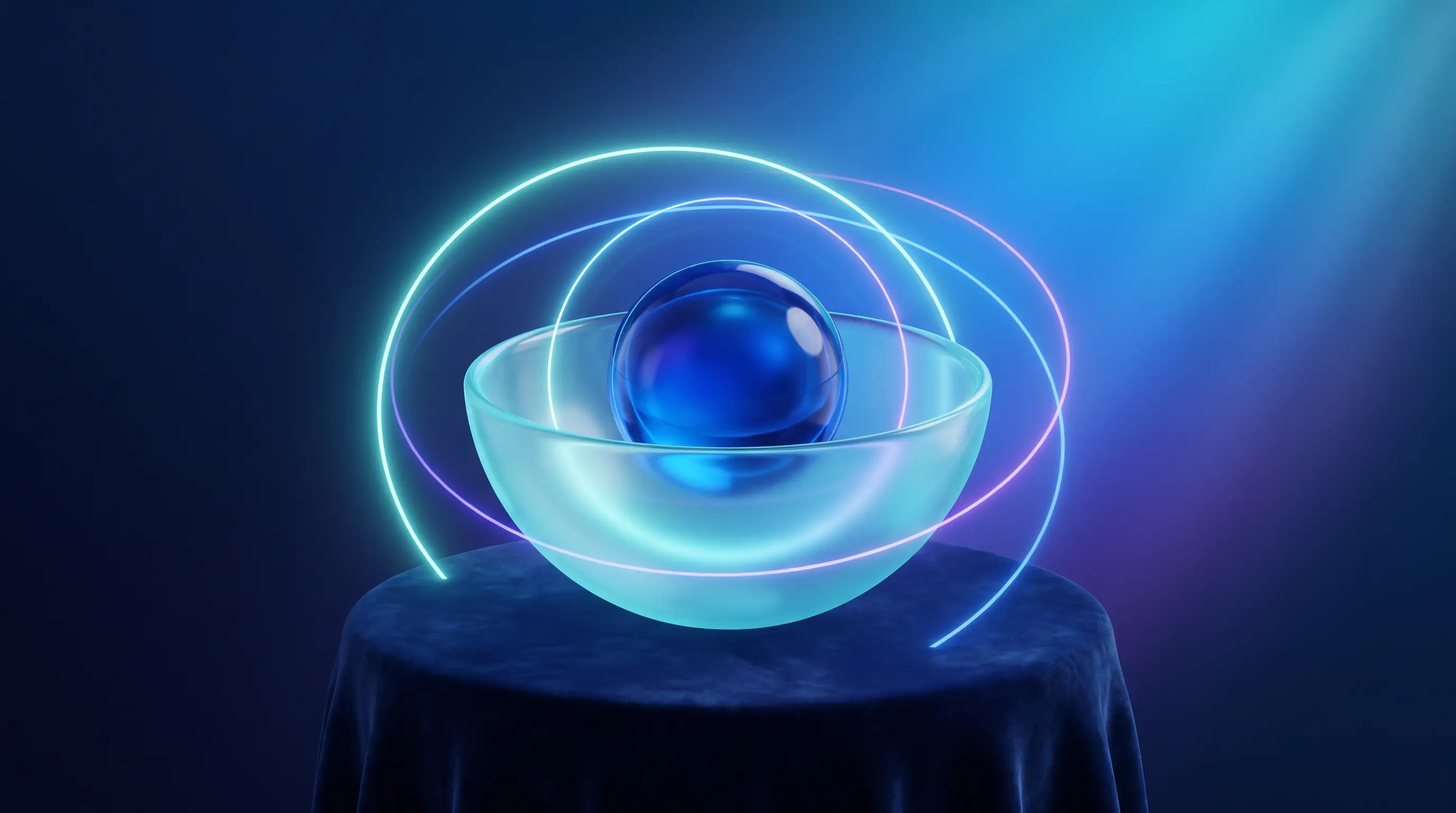 Small sapphire orb nested inside a broader aqua glass bowl with overlapping halos — hospital indemnity as one design within GAP insurance
