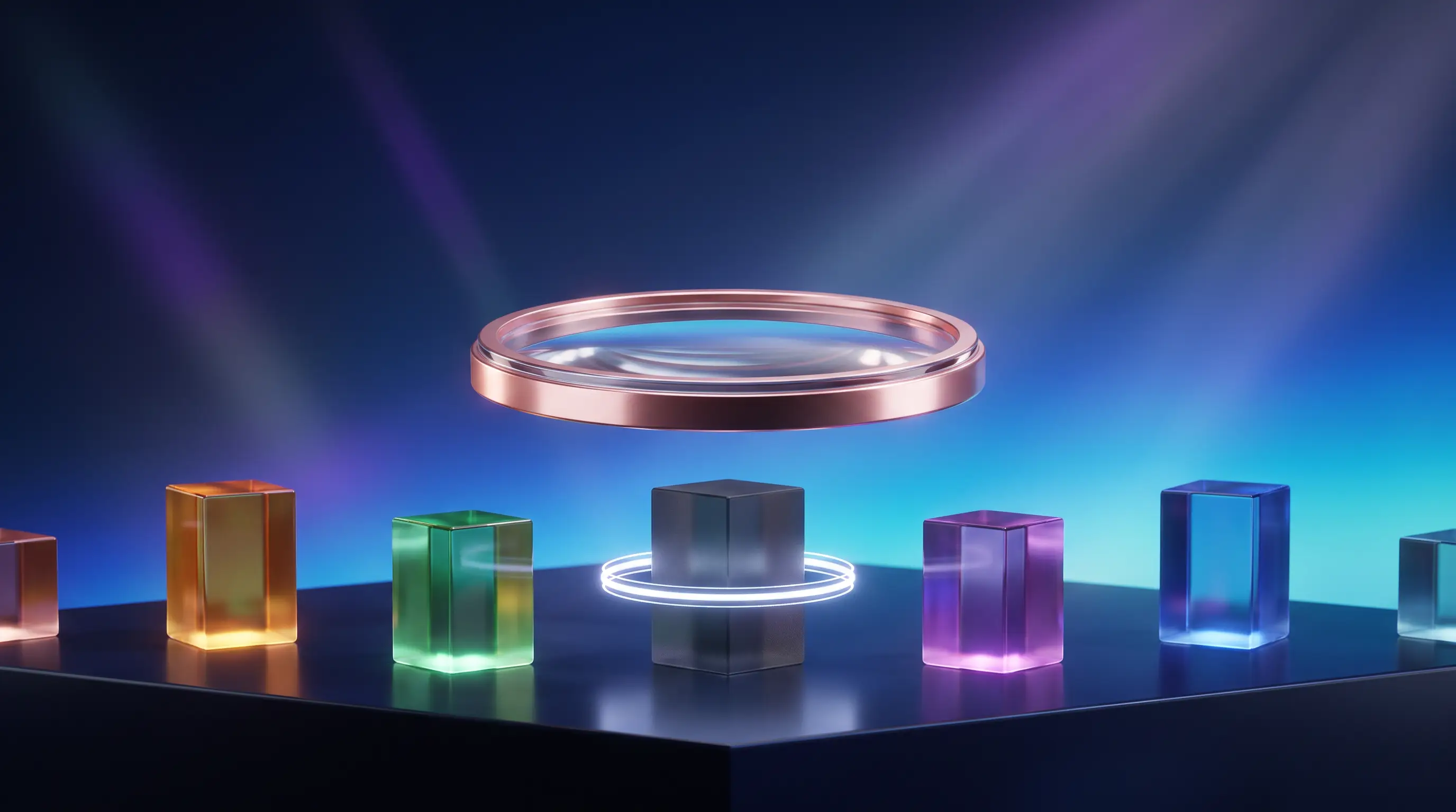 Rose-gold lens docking onto varied crystal plan monoliths with one caution-ringed exception — pairing GAP insurance with different health plans