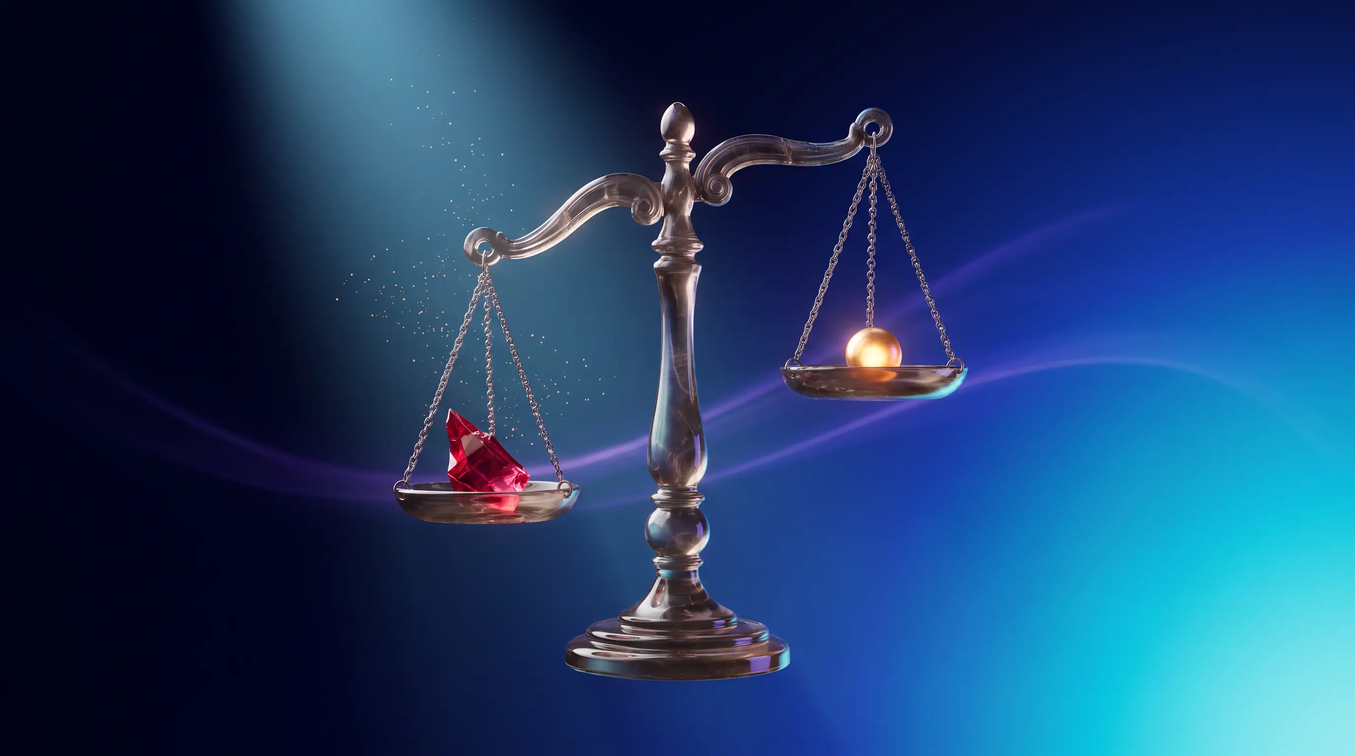 Smoky quartz scale weighing a jagged red deductible shard against a small glowing premium sphere — whether GAP health insurance is worth it
