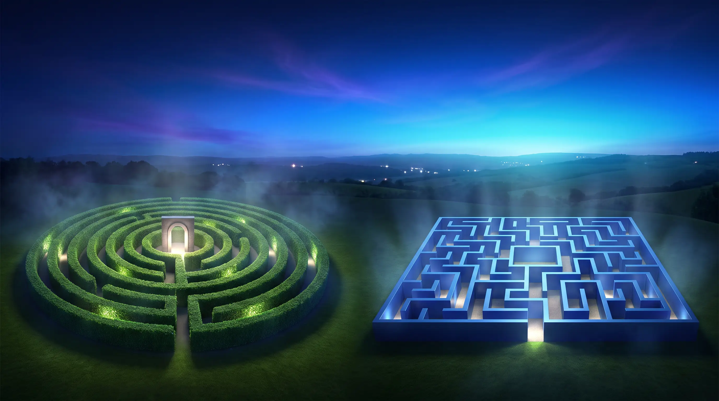 Closed emerald maze with a gatekeeper arch beside an open sapphire lattice with many exits — HMO versus PPO network design