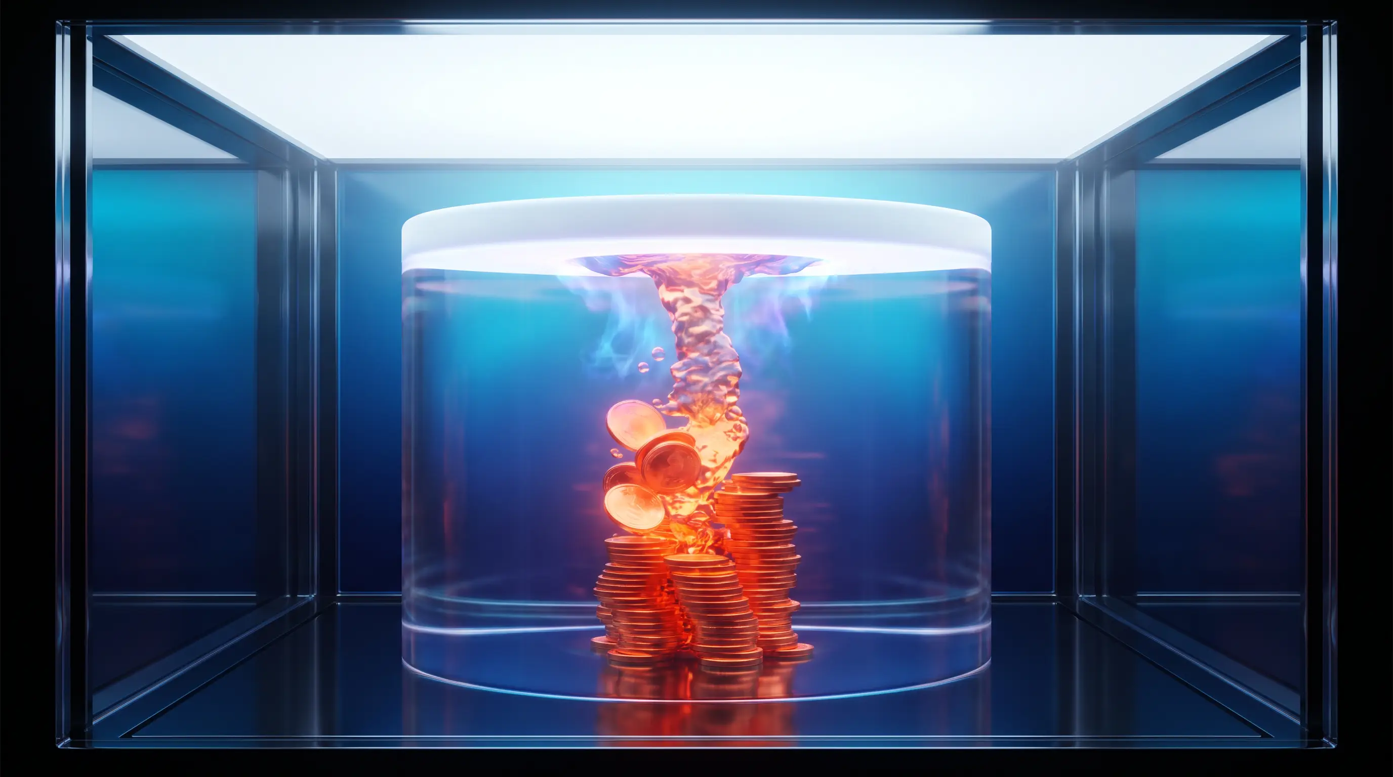 Coin column stopped by a glowing ceiling plate inside a crystal cylinder — the out-of-pocket maximum spending cap