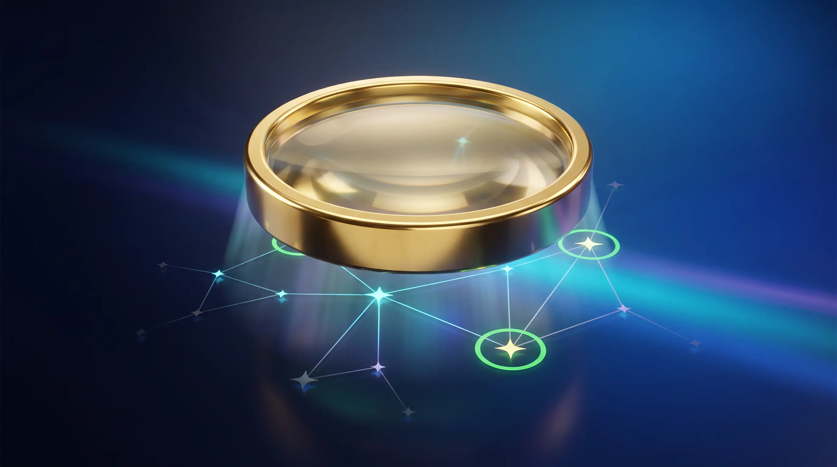 Golden lens verifying stars on a shifting constellation map with green confirmation rings — checking whether a doctor is in network