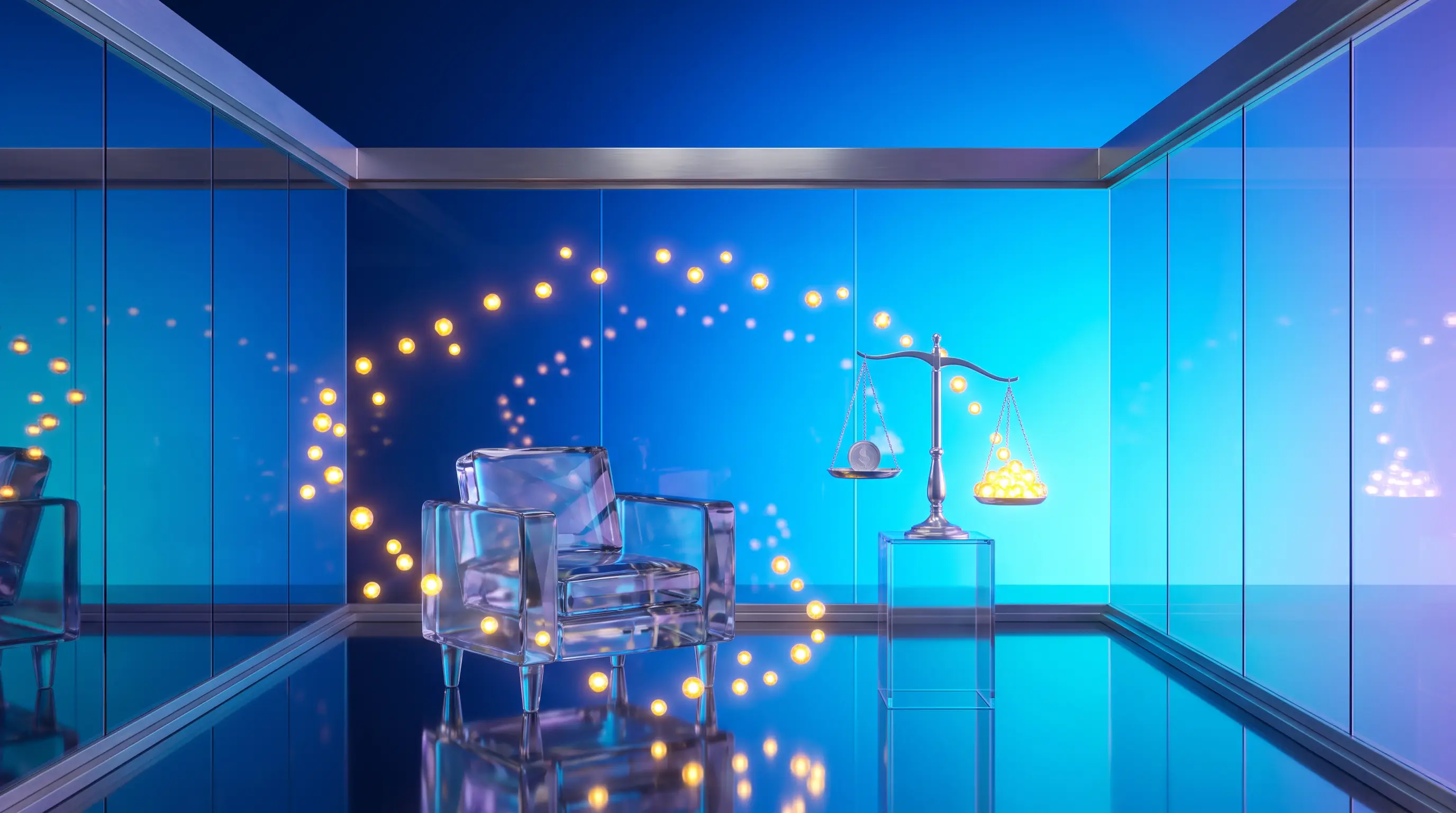 Glowing golden orbs orbiting an empty crystal chair inside a glass house, outweighing a coin on a balance scale — the unpaid economic value a stay-at-home parent's life insurance must replace