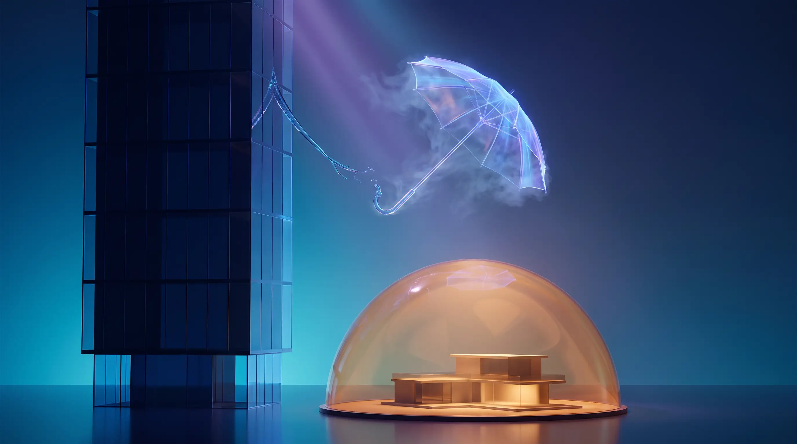 A tiny tethered umbrella of light dissolving beside a large freestanding amber glass dome sheltering a house — employer life insurance versus personally owned coverage