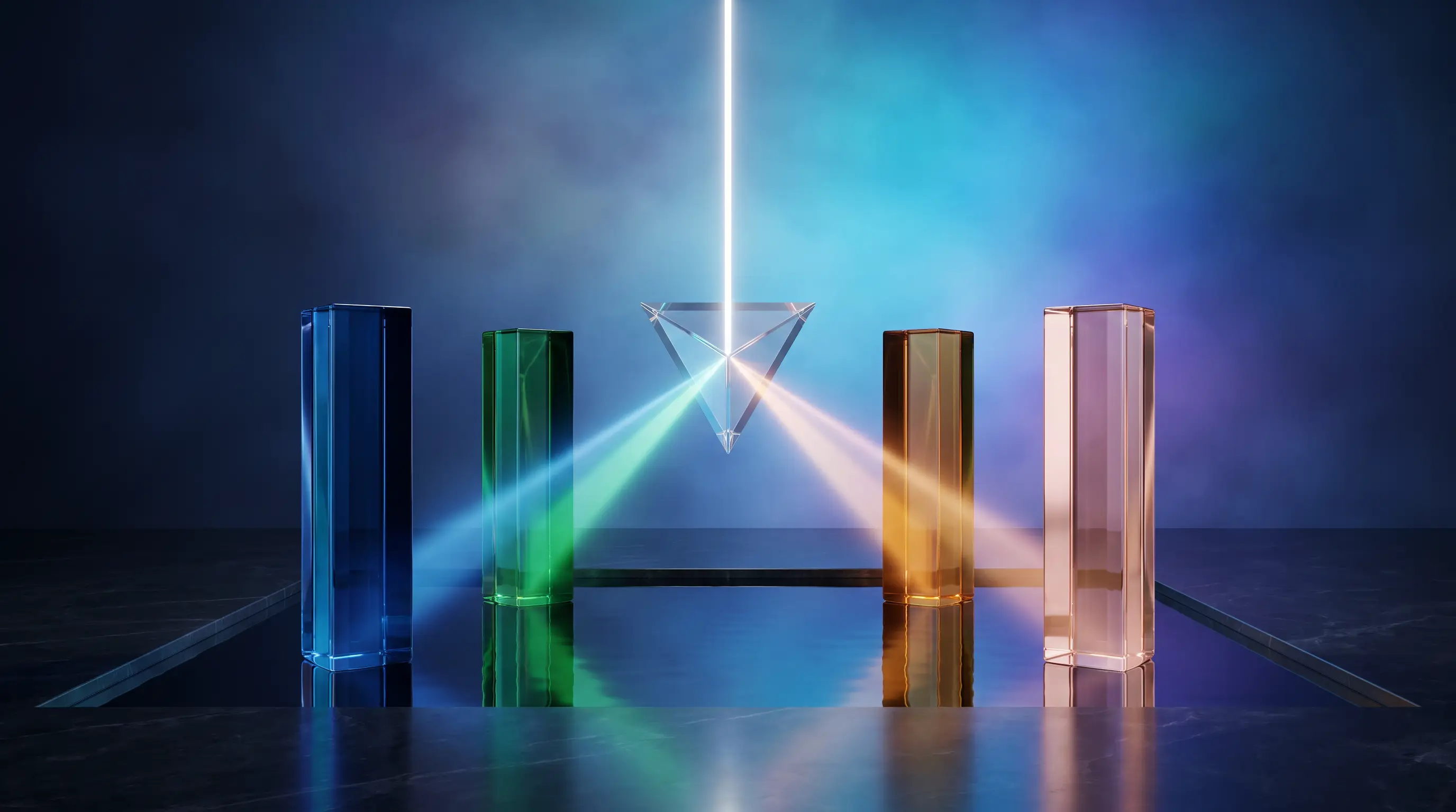 Four colored glass pillars channeling light into one floating prism above a reflective pool — the DIME method summing Debt, Income, Mortgage, and Education into a single coverage number