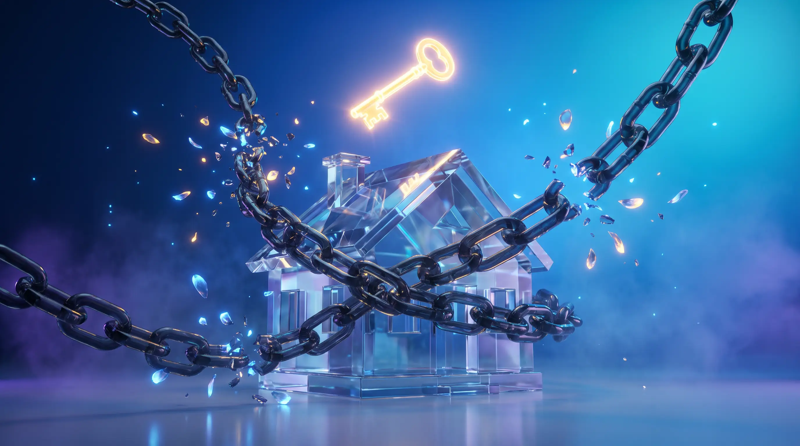 A radiant golden key of light shattering dark glass chains wrapped around a crystal house — a life insurance death benefit paying off the mortgage