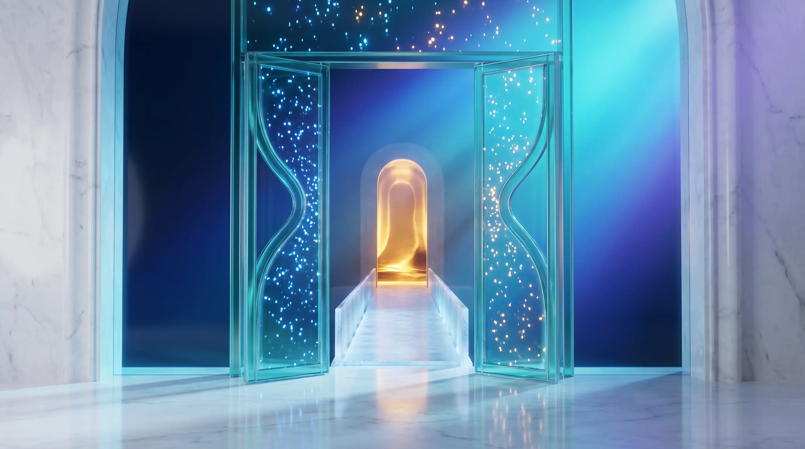 A crystal bridge crossing through an open hourglass doorway toward a golden vault before the sands run out — converting term life to whole life within the conversion window