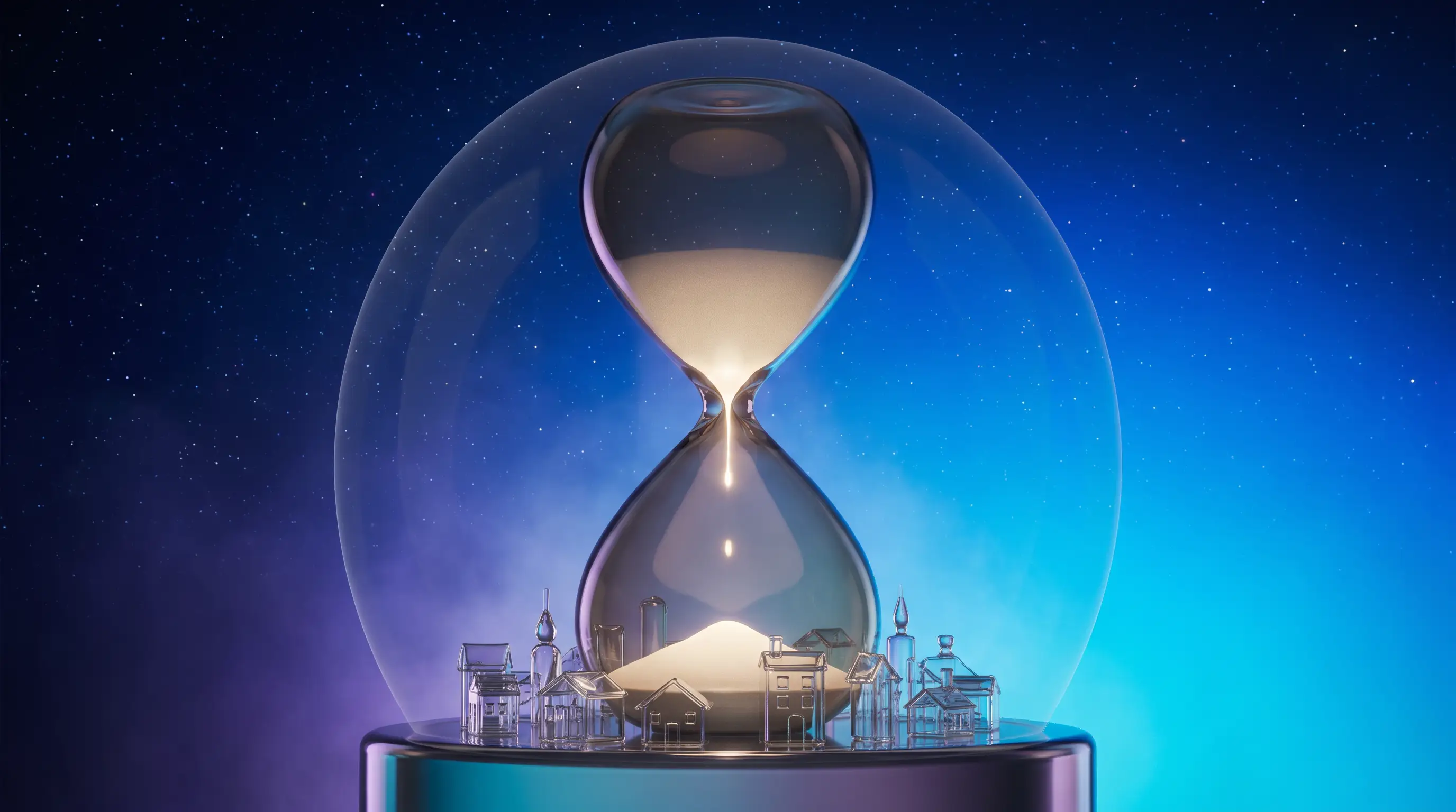 An hourglass dropping its last glowing grain as the canopy of light over a glass village fades away — coverage ending when a term life policy expires