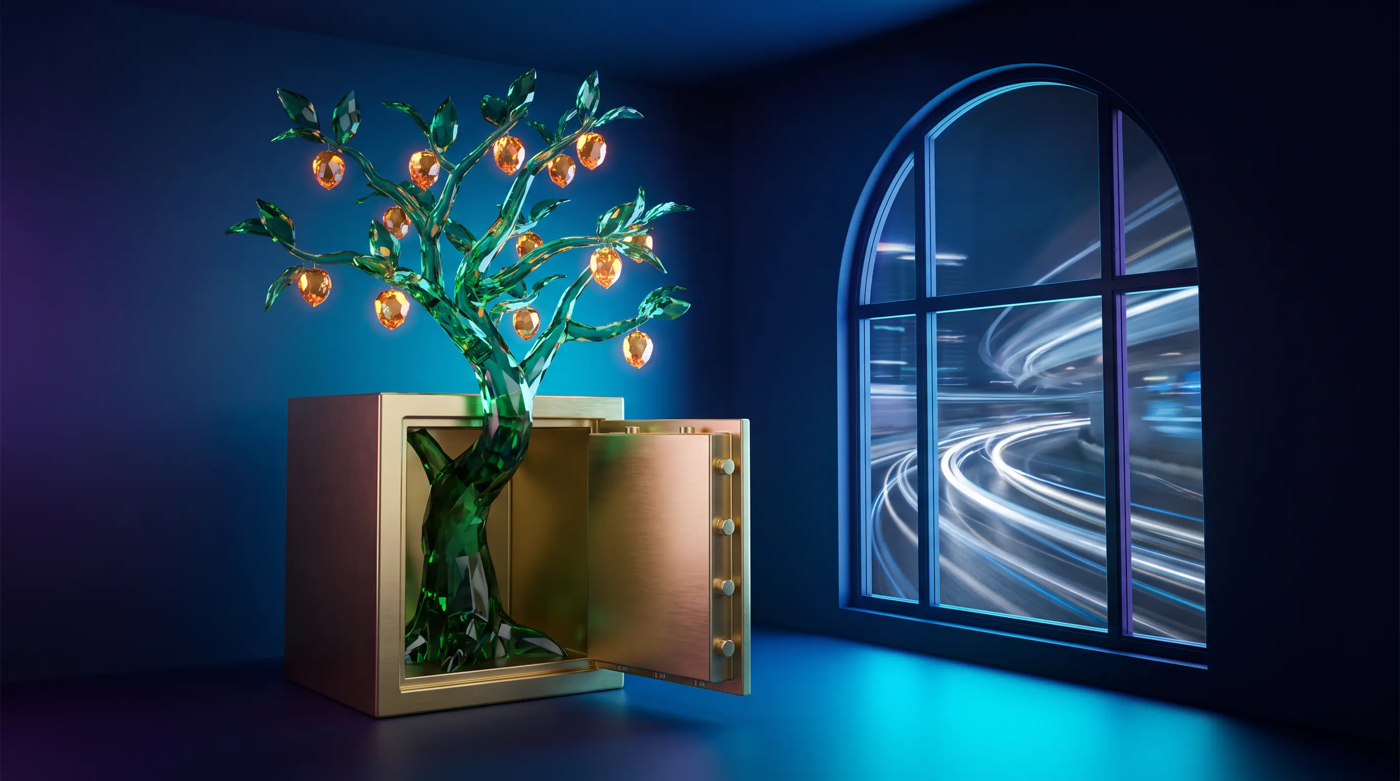 An emerald glass tree bearing small glowing fruit inside a golden vault while fast silver ribbons of light stream past outside — whole life insurance as steady protection rather than a market-beating investment