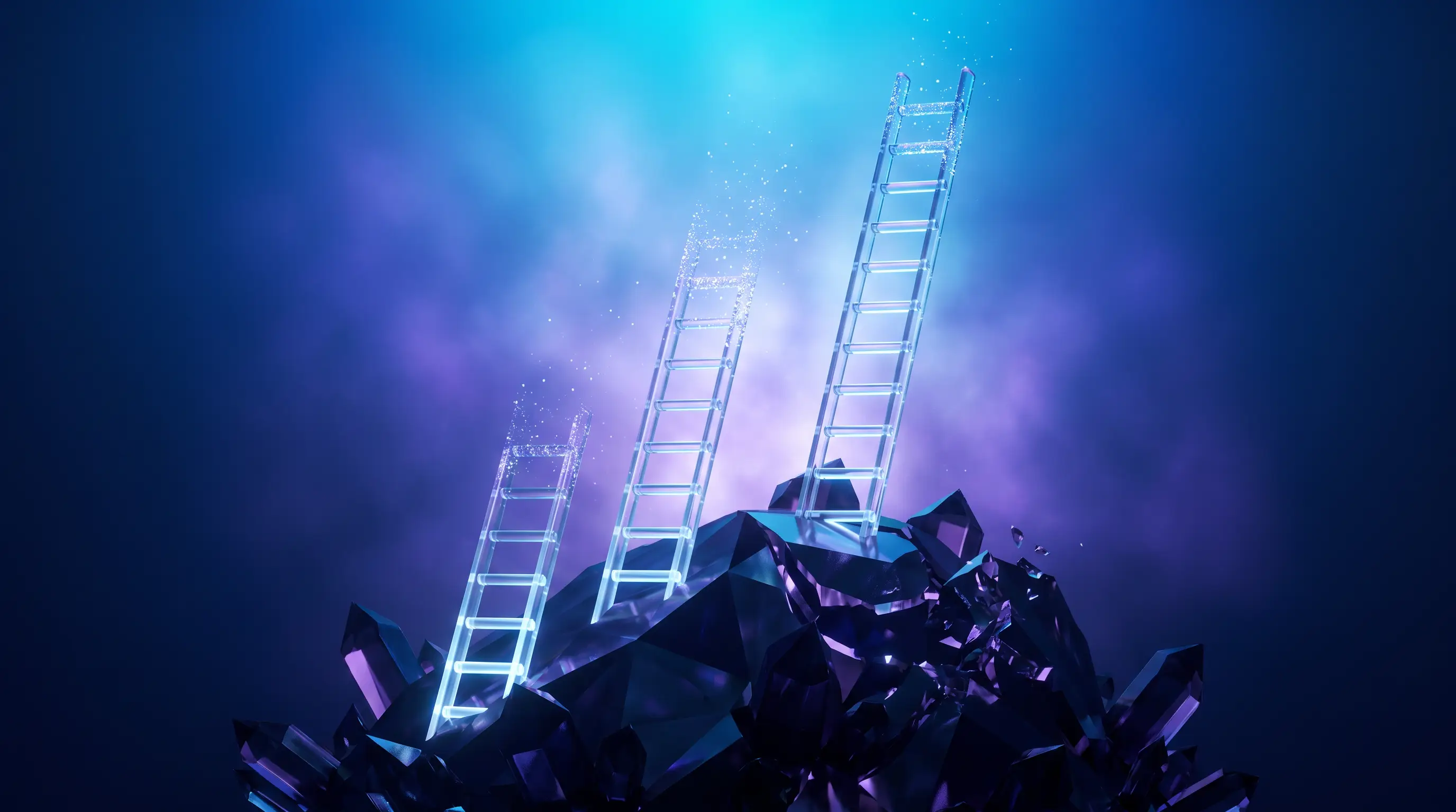 Three glowing glass ladders of staggered heights dissolving one by one against a shrinking crystal hill — laddering term life policies so coverage steps down as obligations disappear