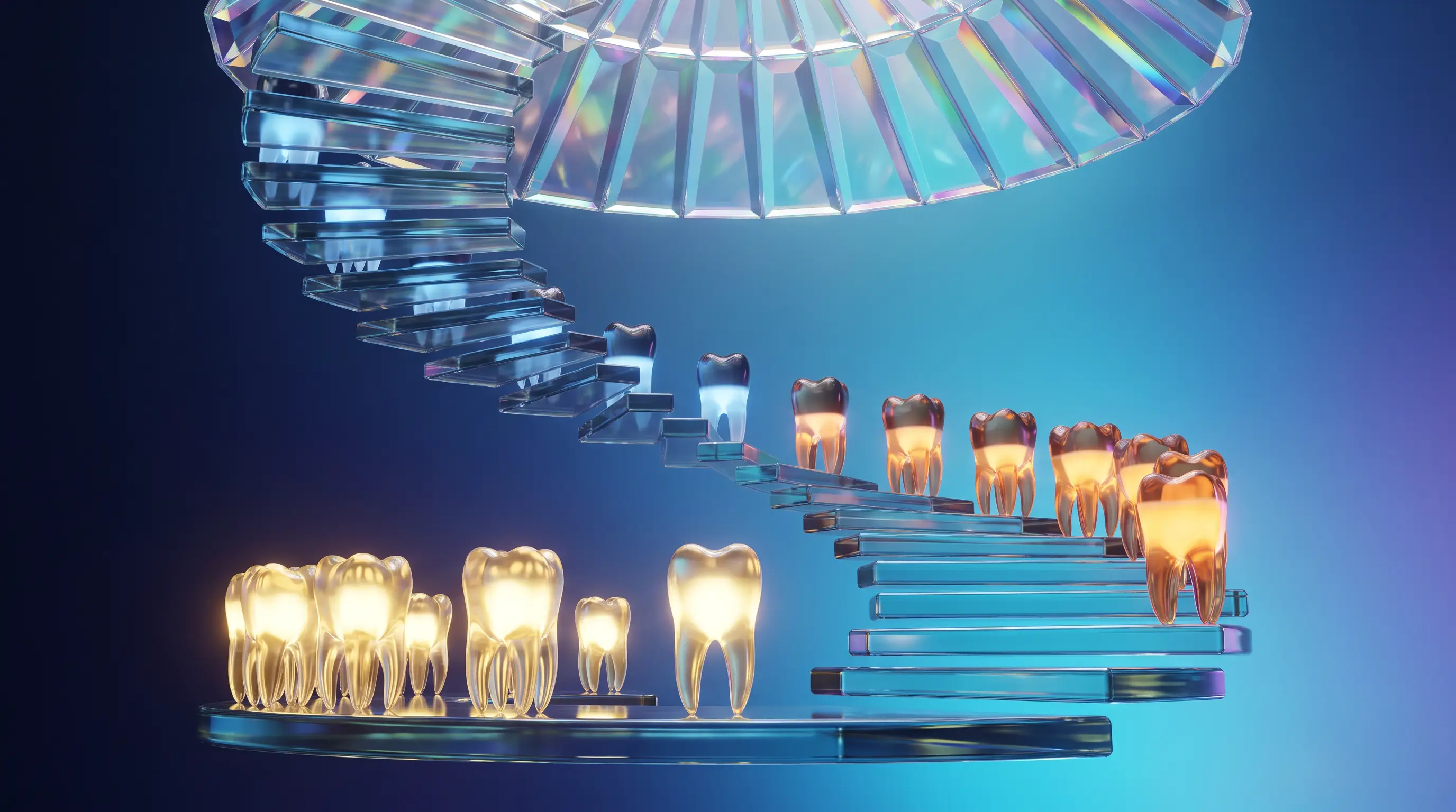Three rows of crystal teeth on a glass staircase, each row lit to a different level of golden light under a prismatic dome — the 100-80-50 structure of what dental insurance covers